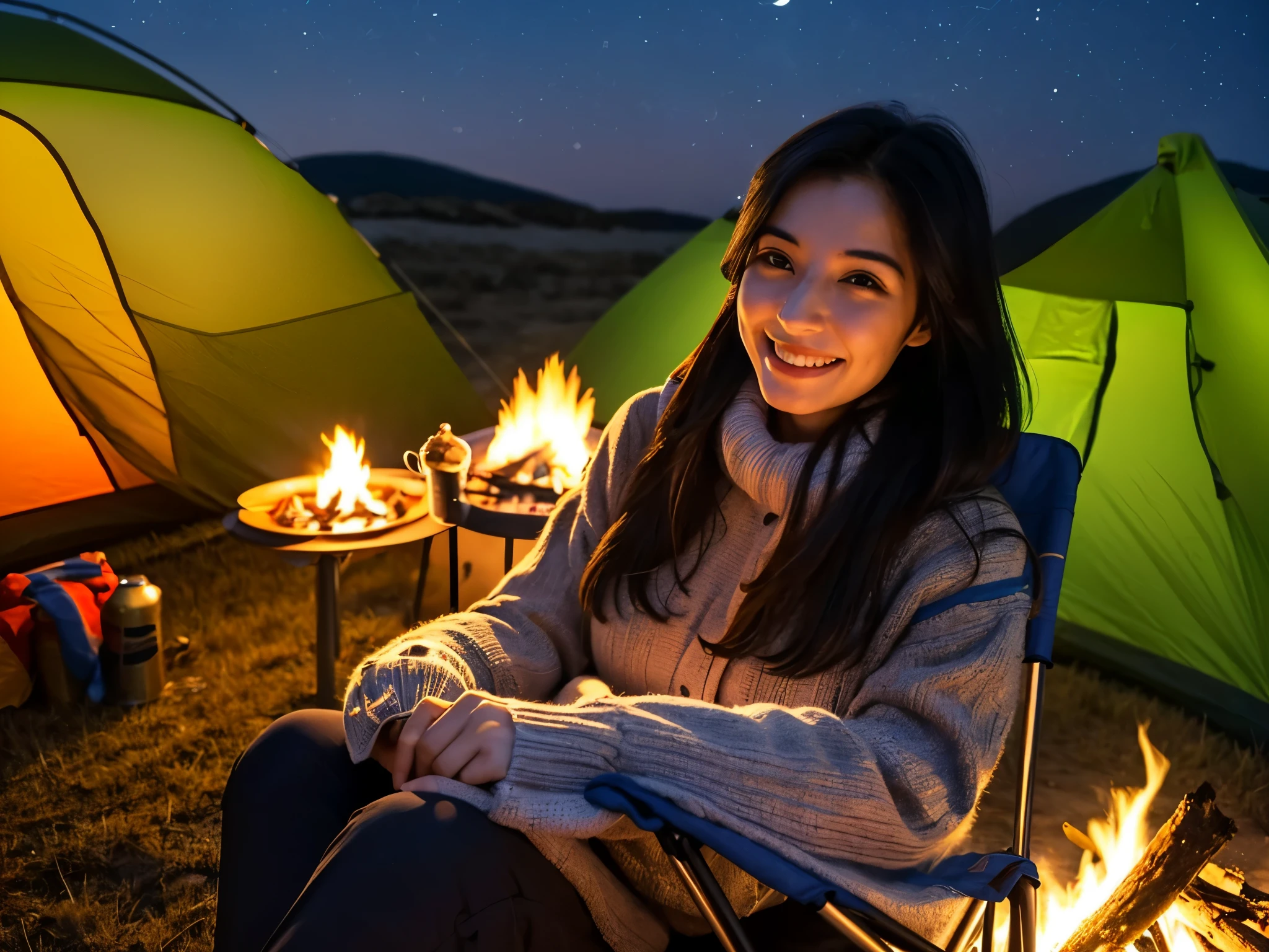 A beautiful lady with a well-proportioned face 

beautiful long straight hair 

(black hair) 

side tied hairstyle 

calm and calm smile 

G cup breasts 

camping alone 

(sitting in a camp chair by the bonfire) 

campsite at night 

waterside tent 

beautiful starry sky 

winter camping clothes 

After cooking an outdoor meal 

relaxing in a camp chair 

autumn campsite 

sunrise 
