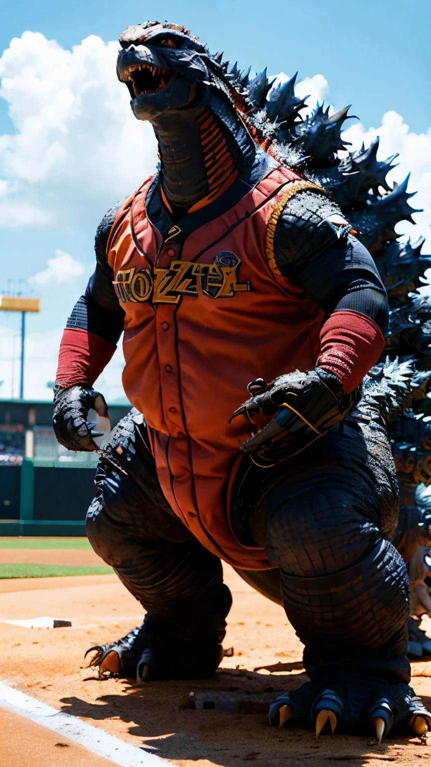 (Godzilla:1.3), (a baseball uniform:1.5), (Godzilla wearing a baseball uniform:1.4)