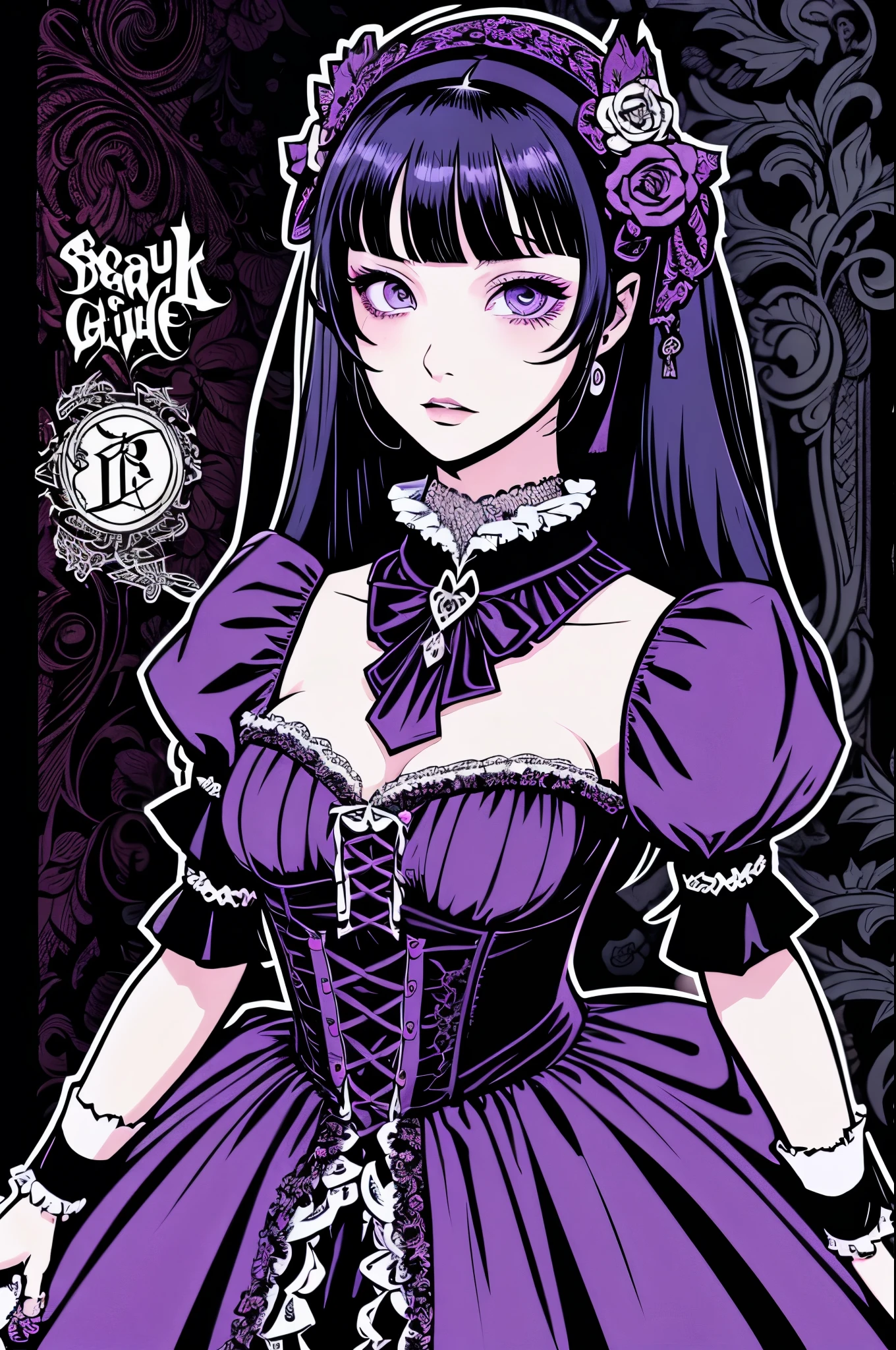 Beautiful Hardcore Illustration homepage illustration style, dark, high resolution, hard touch illustration, strong outline, two girls, gothic & lolita style, gothic & lolita fashion, 8k, American comic style, colorful background, Hiroyuki Nagasaka, aggressive, beautiful face, cool beauty, dress, beauty style, purple color, battle, Hard illustration, purple hear,