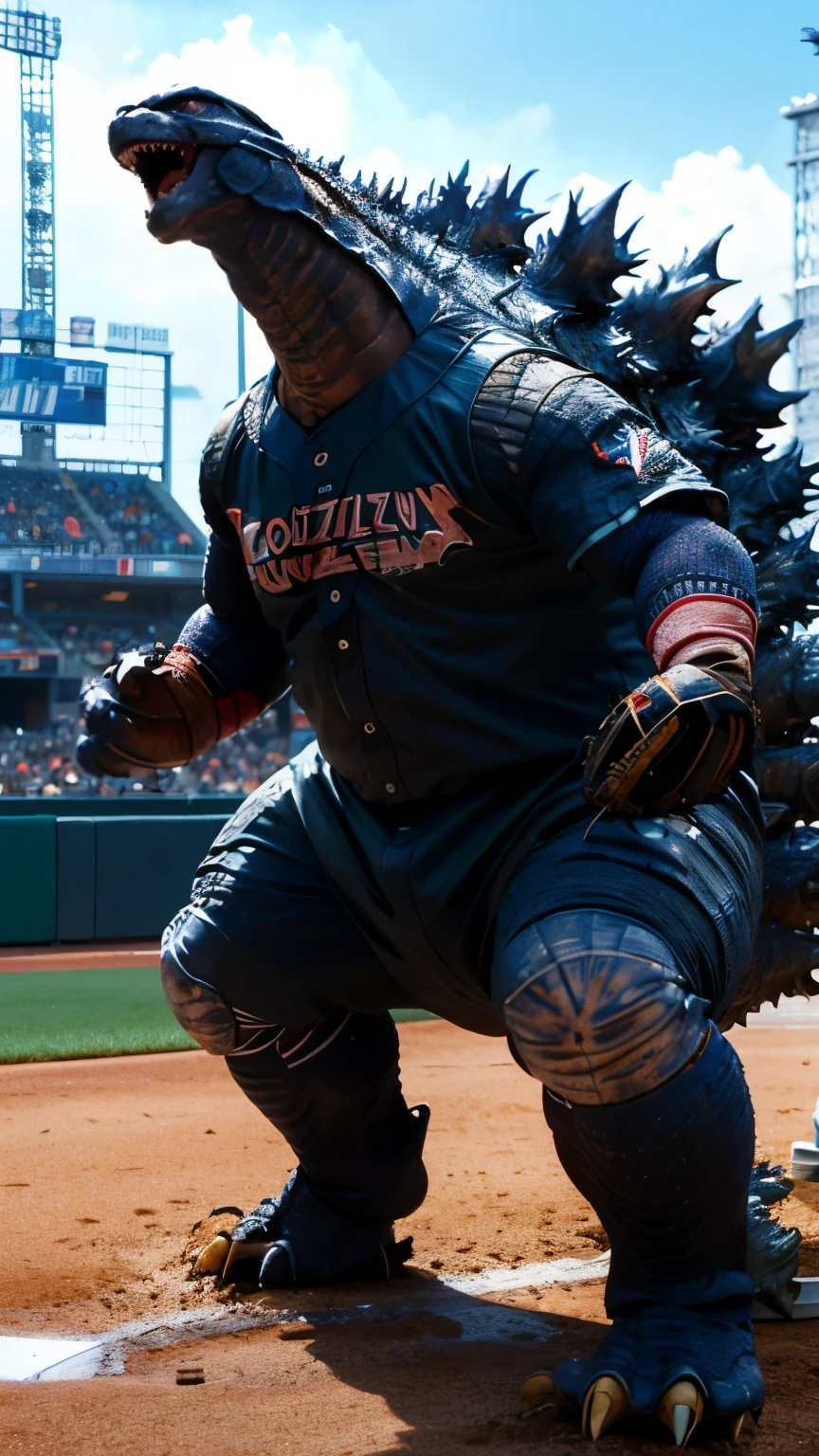 (Godzilla:1.3), (a baseball uniform:1.5), (Godzilla wearing a baseball uniform:1.4)