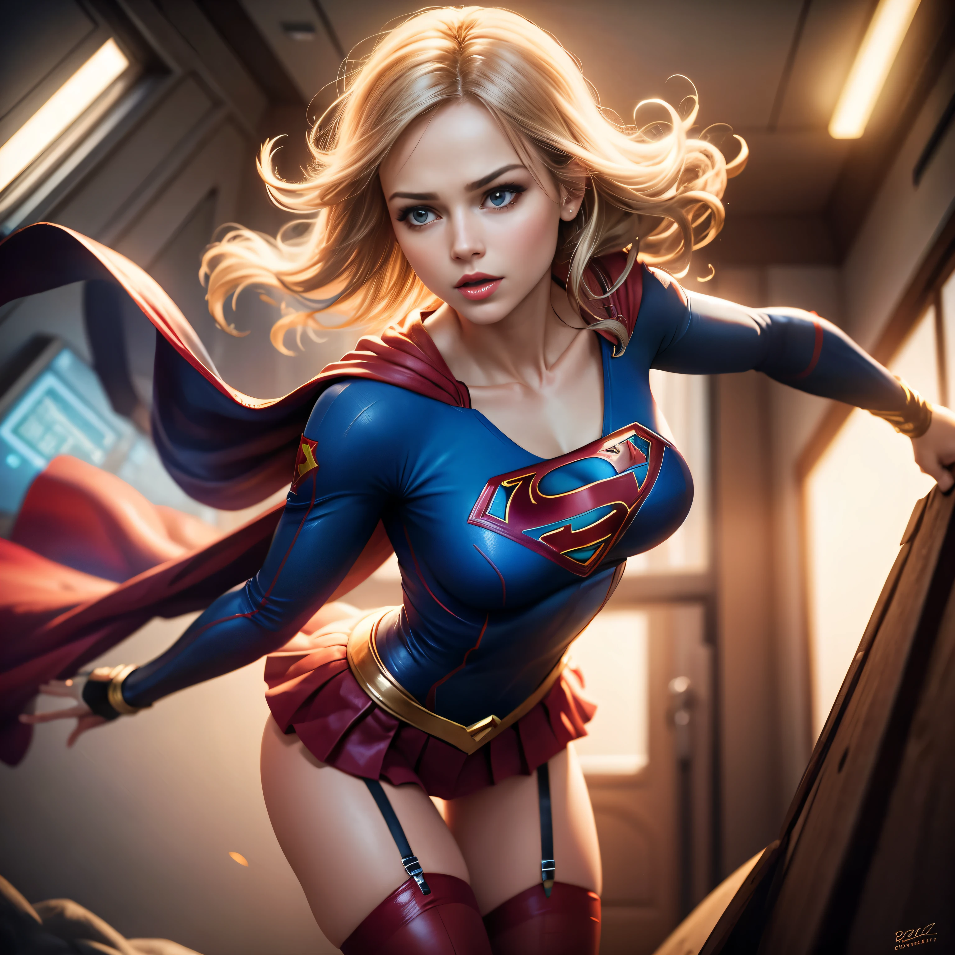 Supergirl flying sexy, wearing lingerie, photorealism