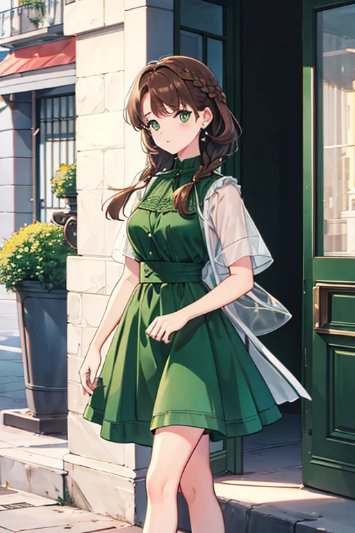 french braid, brown hair, green eyes, dress, standing, Straight Face, Fair skin, looking at viewer, 1990s (style), --niji 5 --ar 2:3 --s 100