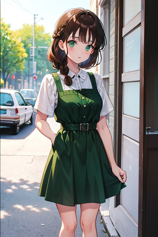 french braid, brown hair, green eyes, dress, standing, Straight Face, Fair skin, looking at viewer, 1990s (style), --niji 5 --ar 2:3 --s 100
