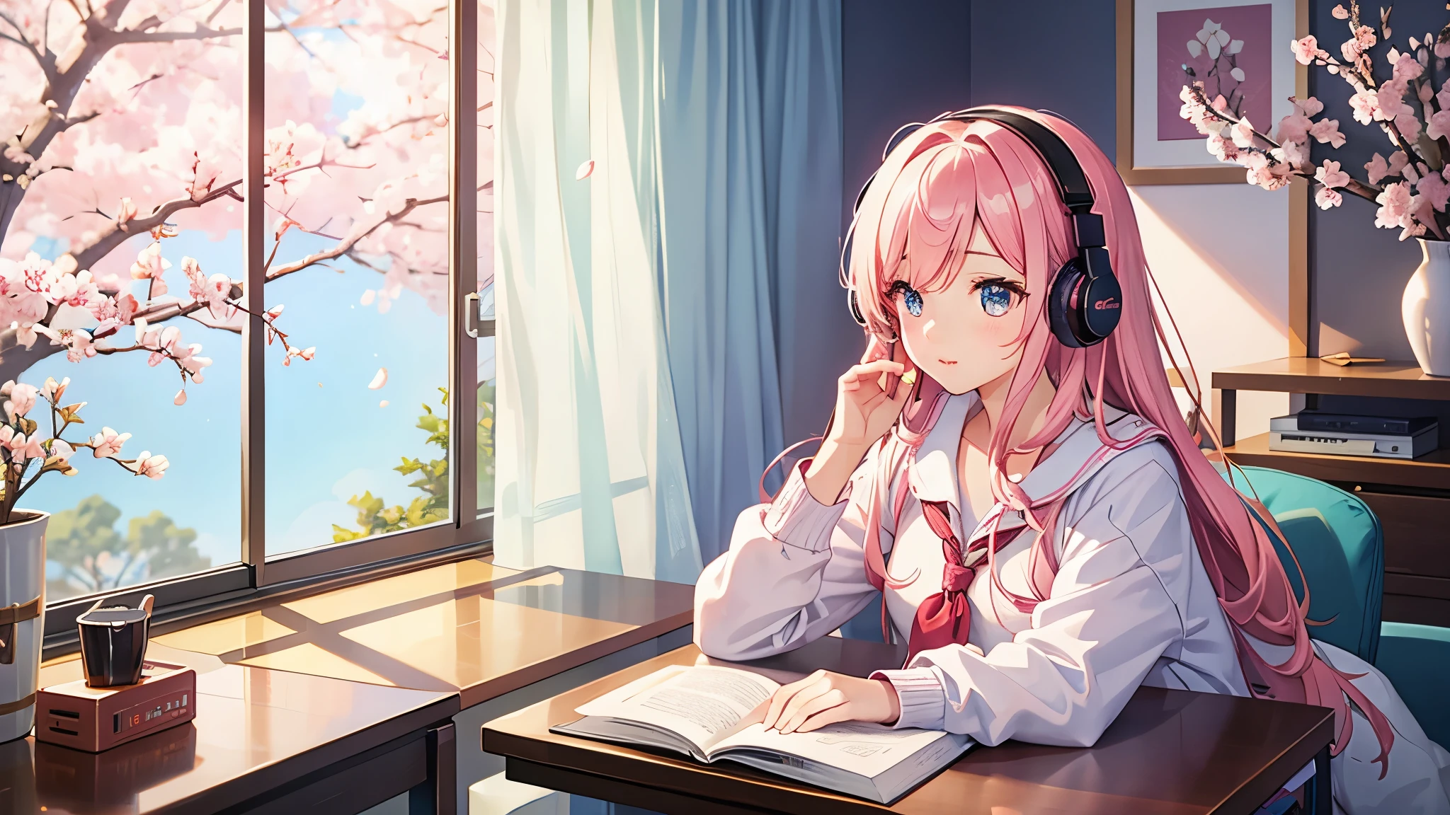 Beautiful girl studying while listening to music on headphones in her room warm lighting Cherry blossoms are blooming outside the room Japanese anime style