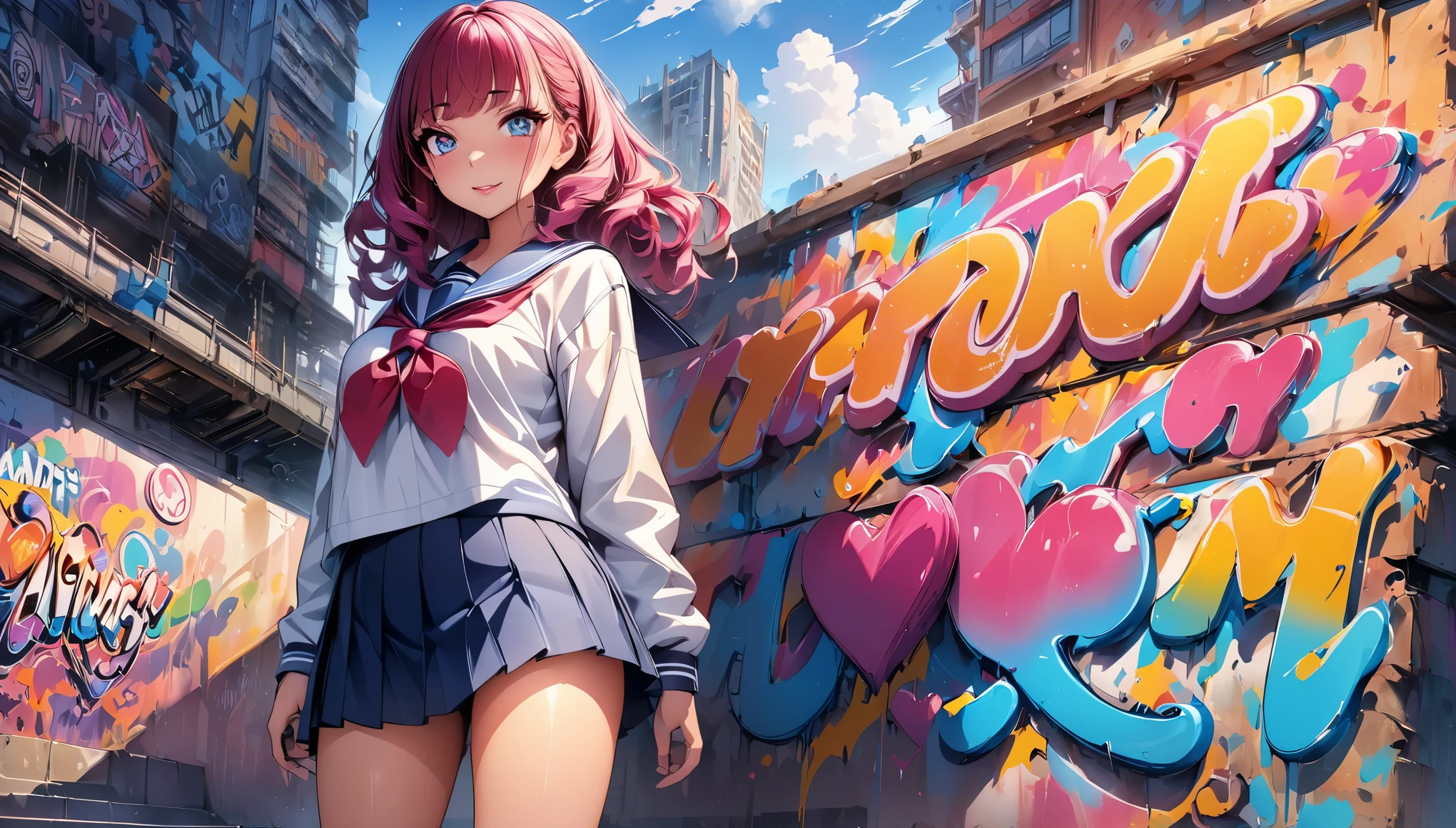 (highest quality, 4k, High resolution, masterpiece:1.2), Super detailed, one person, woman, (JK, , sailor suit, pleated skirt), graffiti comics, beautiful detailed eyes, beautiful detailed lips, long eyelashes, A vibrant and vibrant colour palette, bold typography, Detailed heart symbol illustration, Comic style shading, spray paint effect, cartoon elements, Heart Illustration, A bridge pier with colorful letters and illustrations, urban background.
