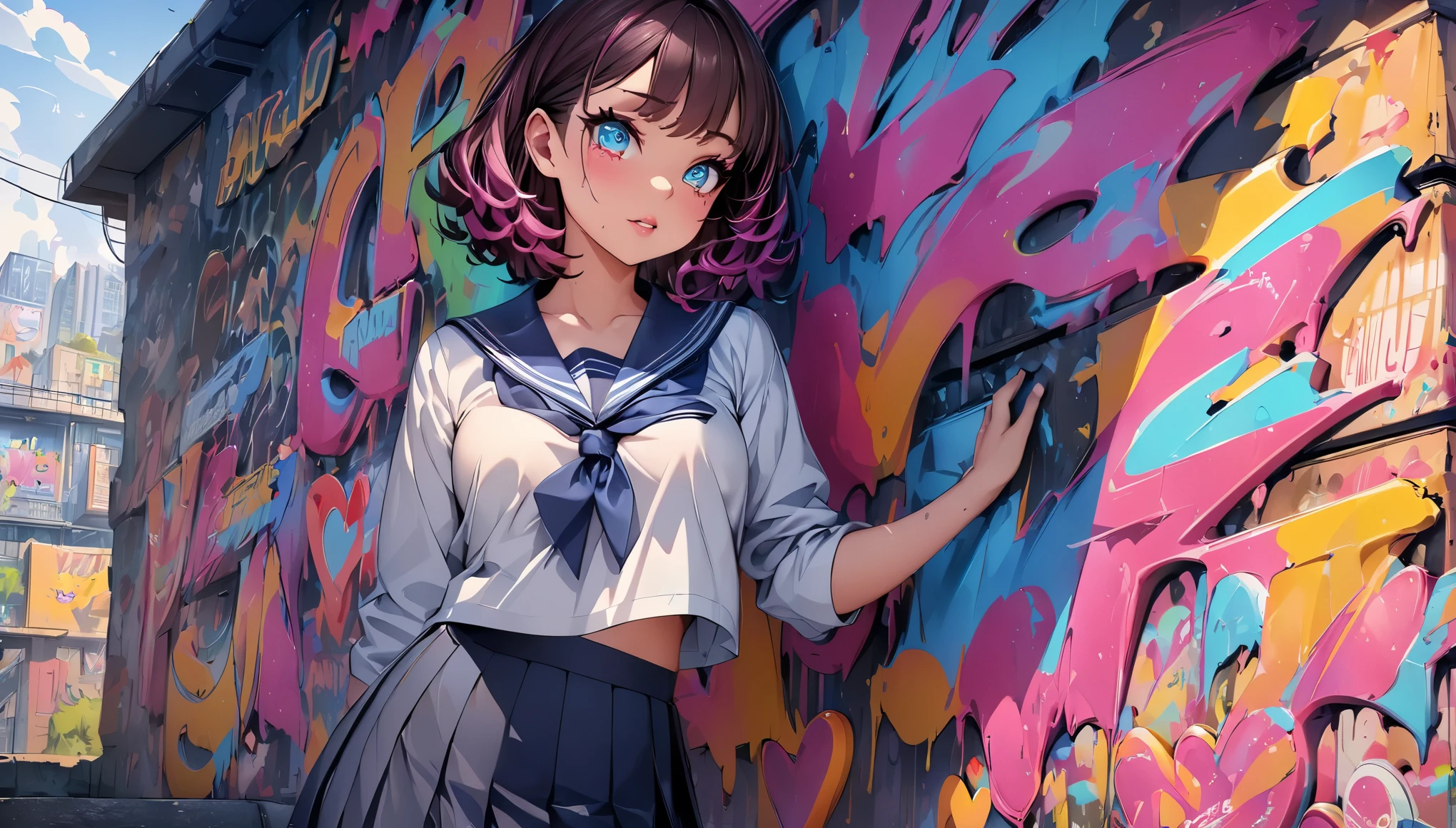 (highest quality, 4k, High resolution, masterpiece:1.2), Super detailed, one person, woman, (JK, , sailor suit, pleated skirt), graffiti comics, beautiful detailed eyes, beautiful detailed lips, long eyelashes, A vibrant and vibrant colour palette, bold typography, Detailed heart symbol illustration, Comic style shading, spray paint effect, cartoon elements, Heart Illustration, A bridge pier with colorful letters and illustrations, urban background.