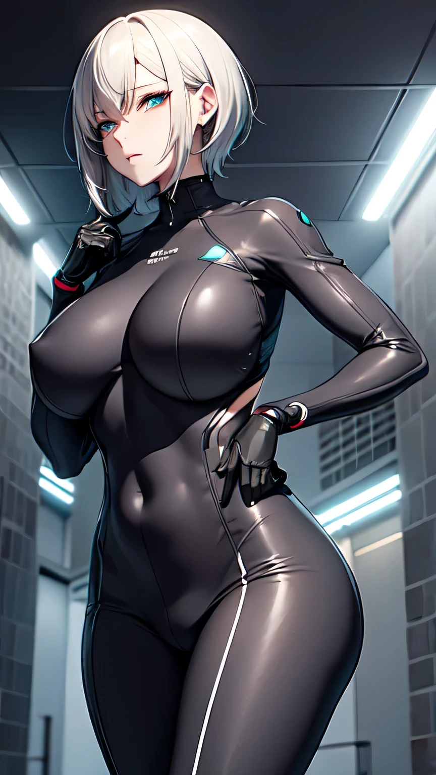 Milf, woman in a futuristic suit, highly detailed face, cool, mom, tomboy, very large breast, (Milf), mature face, (mature female), cybersuit, anime girl wearing tight suit, milfication, Elegant body, navel focus, naked body, gloves, earrings, science fiction, female protagonist, standing, volumetric light, detailed lighting, detailed textures, oppai cyberpunk, biomechanical oppai, masterpiece, best quality eyes, sci-fi background, futuristic landscape, low angle, (look at the camera), tying hair、smooth surface
