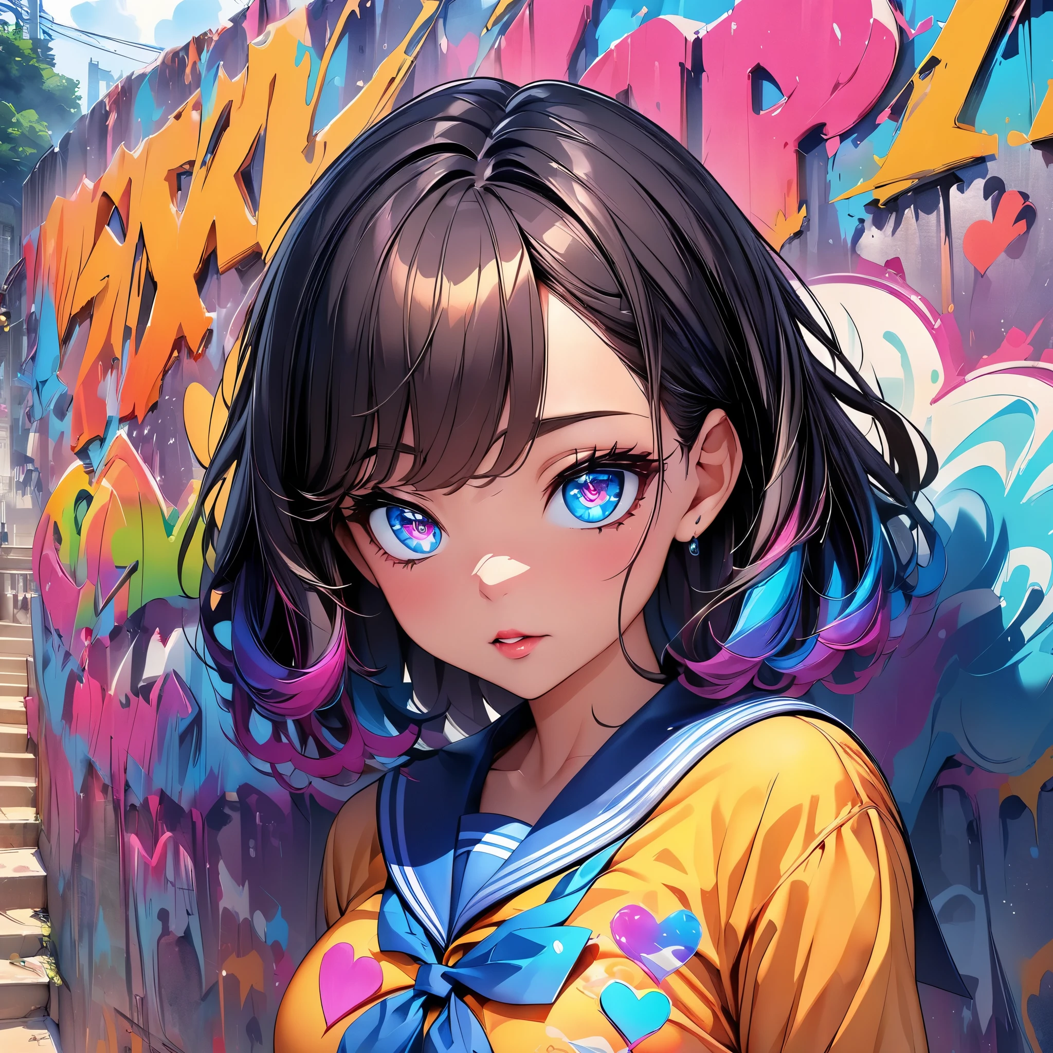 (highest quality, 4k, High resolution, masterpiece:1.2), Super detailed, one person, woman, (JK, , sailor suit, pleated skirt), graffiti comics, beautiful detailed eyes, beautiful detailed lips, long eyelashes, A vibrant and vibrant colour palette, bold typography, Detailed heart symbol illustration, Comic style shading, spray paint effect, cartoon elements, Heart Illustration, A bridge pier with colorful letters and illustrations, urban background.