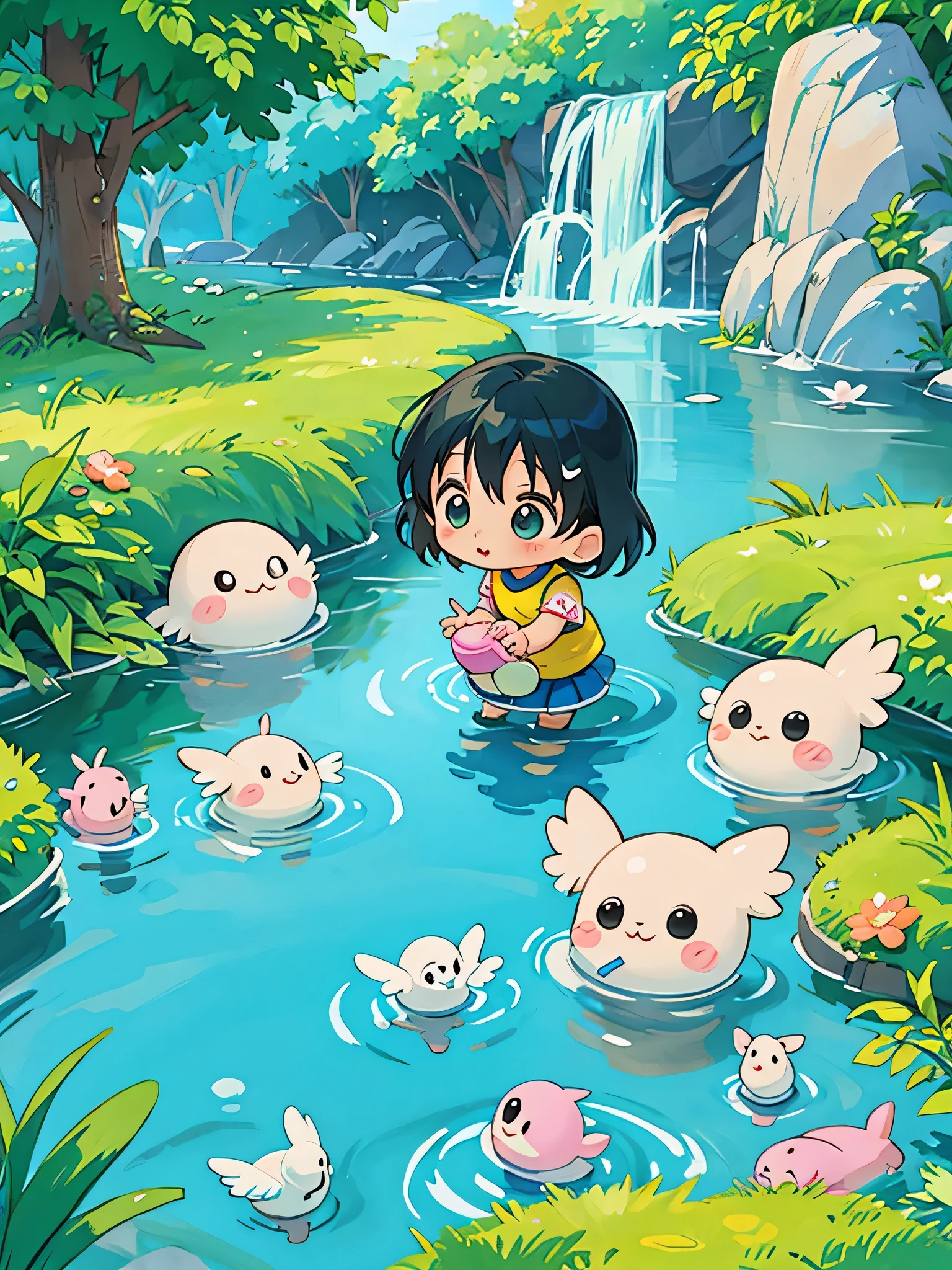 akira toriyama style, Kawaii Design, most beautiful girl ever、Chibi, beautiful spring afternoon、birdie、water play、(((Save water with hands)))