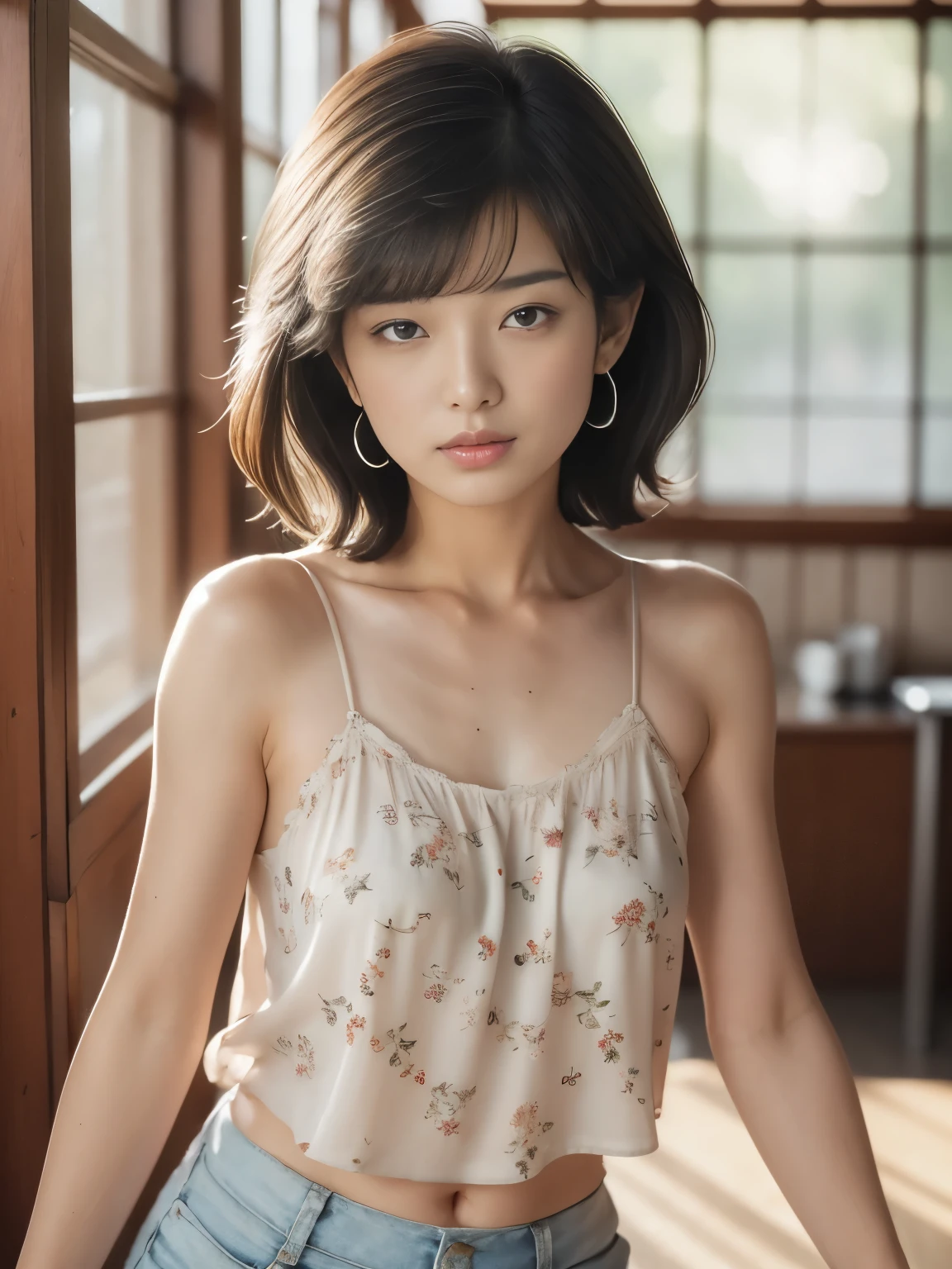 High resolution, Raw photo, Photorealistic, Extremely delicate and beautiful, Extremely detailed, finely detail, Highly detailed CG Unity 8k wallpaper, Ultra-detailed, (Best Quality, 8K, 32K, masterpiece, UHD:1.2), Photo of 1970s beautiful Japanese woman, (floral camisole:1.3), short hair, earrings, silver necklace, (old coffee shop:1.2),