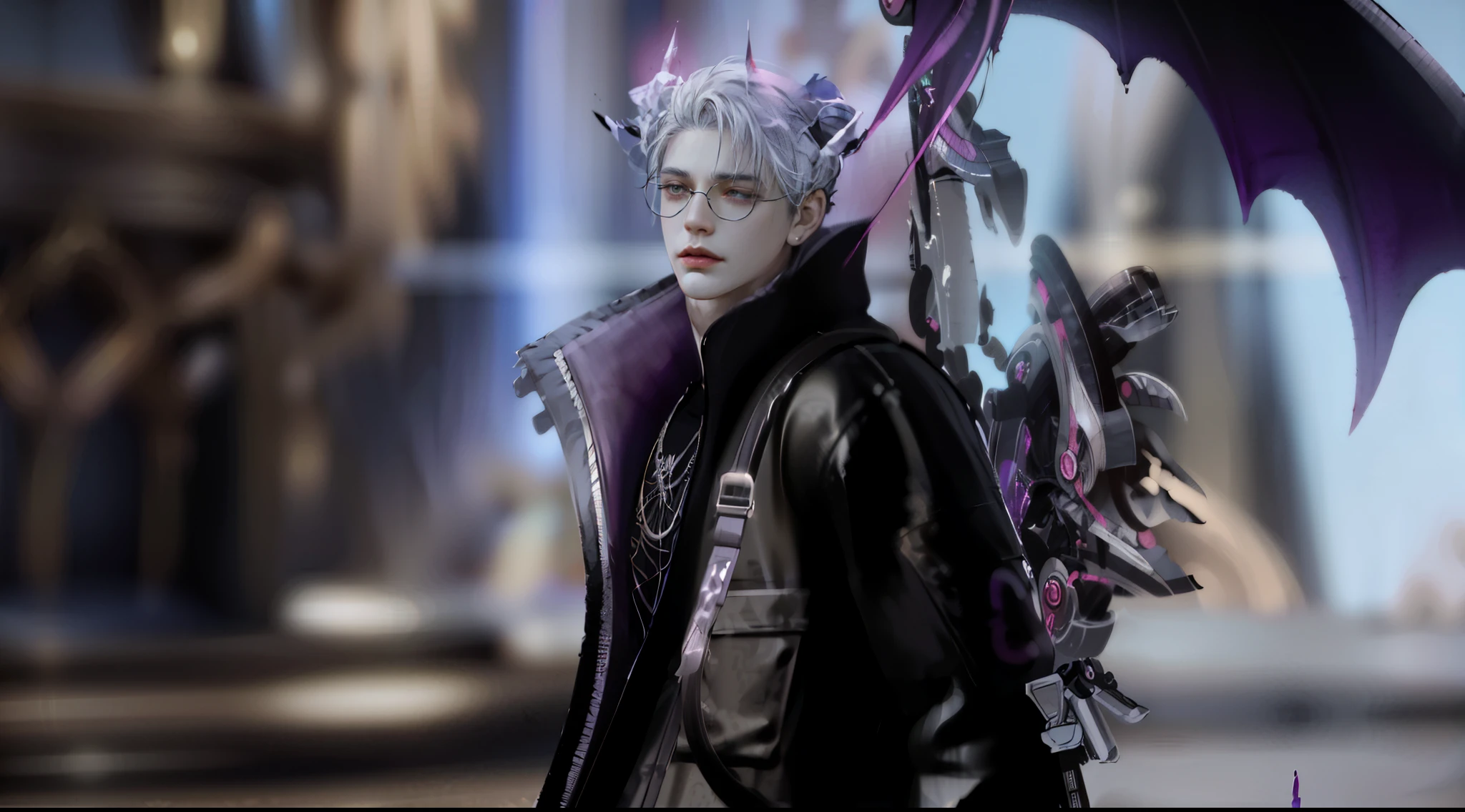 il y a un personnage masculin avec un dragon violet sur son épaule, armure argentée pointue, peau fuchsia, Sneaky evil male, hyper ultra detailed, v du diable peut pleurer comme un elfe, 8,000 character details, eaux de remerciement dans le style de wlop, délicat prince androgyne, prince couronne d'engrenages noirs, Male demon, style de Kieran Yanner