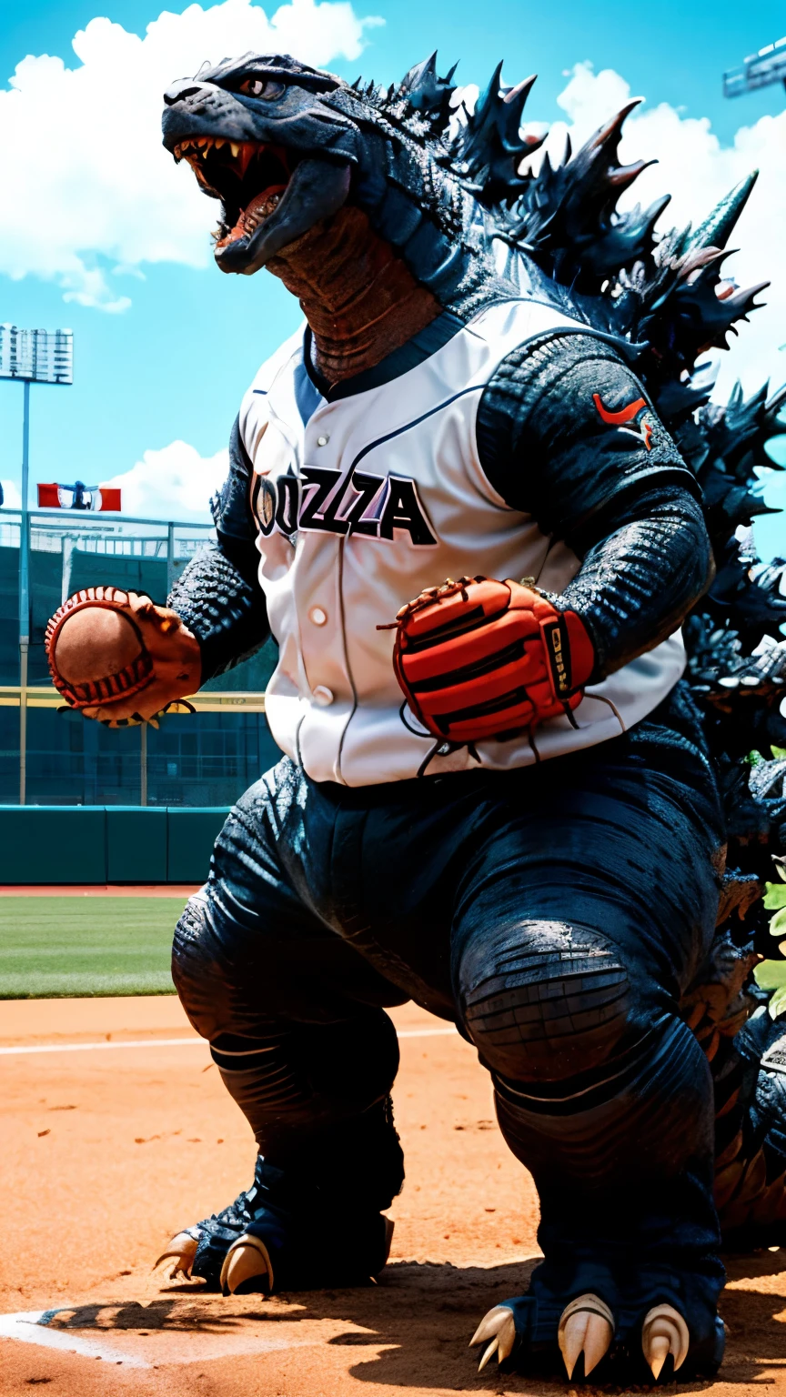 (Godzilla:1.3), (a baseball uniform:1.5), (Godzilla wearing a baseball uniform:1.4)