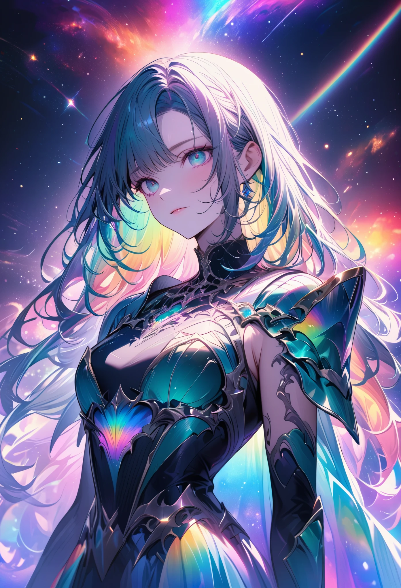 Woman with rainbow colored hair and delicate teal dress armor, permanent, Rainbow colored cosmic nebula background, Star, galaxy, intricate details, perfect face