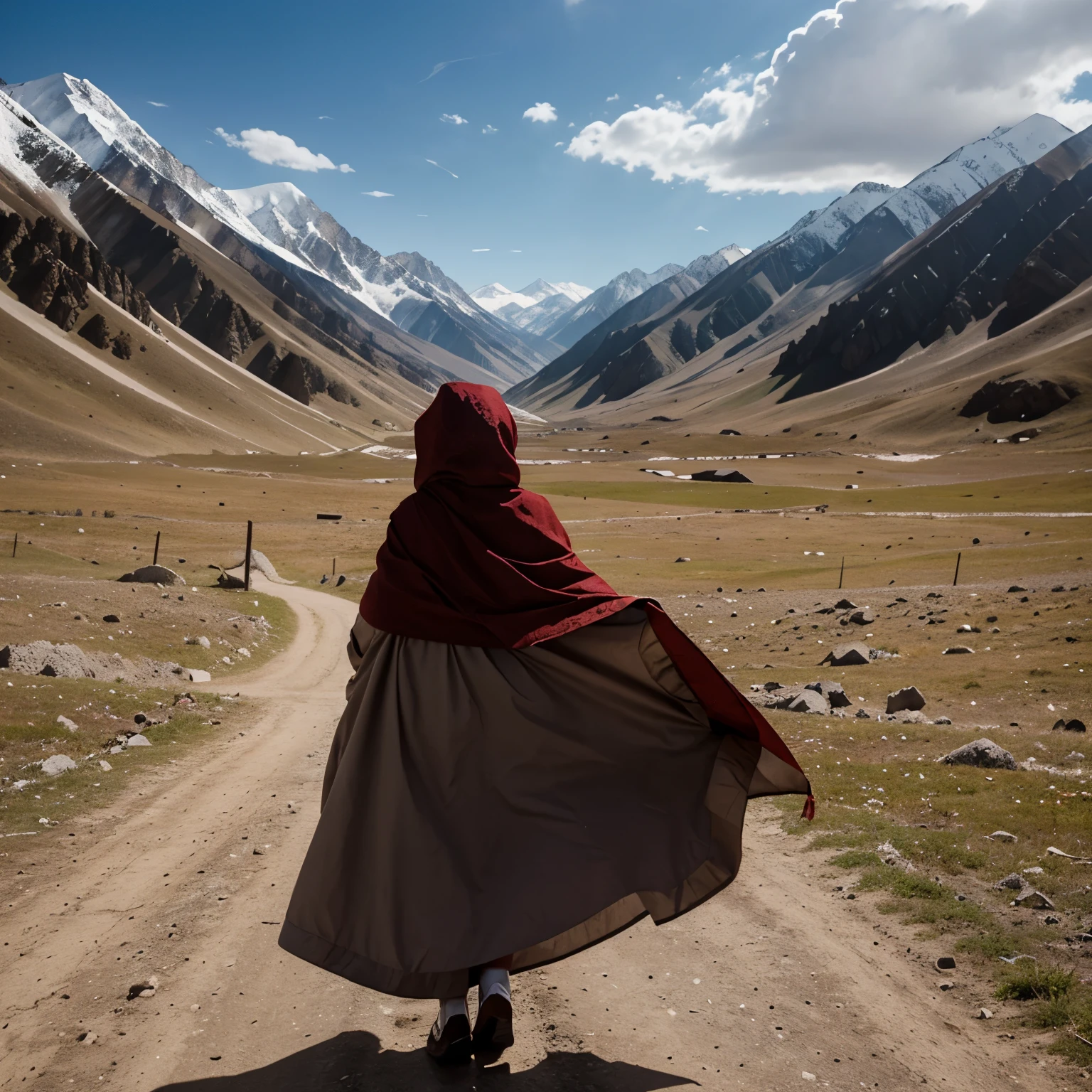 Draw the adventures of Little Red Riding Hood in Kyrgyzstan against the background of mountains, and on the cloak there is a national Kyrgyz pattern 