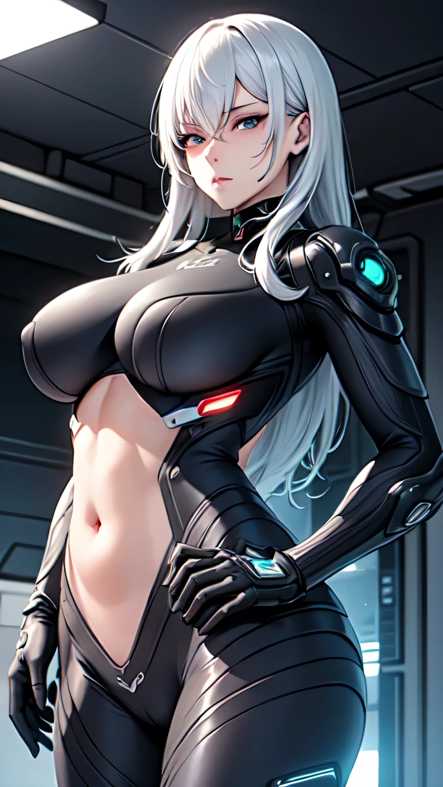 Milf, woman in a futuristic suit, highly detailed face, cool, mom, tomboy, very large breast, (Milf), mature face, (mature female), cybersuit, anime girl wearing tight suit, milfication, Elegant body, navel focus, naked body, gloves, earrings, science fiction, female protagonist, standing, volumetric light, detailed lighting, detailed textures, oppai cyberpunk, biomechanical oppai, masterpiece, best quality eyes, sci-fi background, futuristic landscape, low angle, (look at the camera), long hair、smooth surface