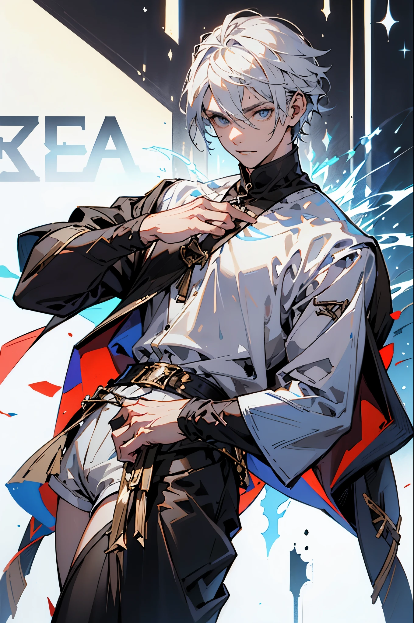 Generar un fondo con humo y explosiones. Crea un hombre generando copias de si mismo. Cabellogris y ojos gris brillantes. Usando capa y capucha azul, Camisa blanca, Shorts verdes, Guantes azules, brown boots, brown belt. Rostro perfecto. 8k. Pose de combate