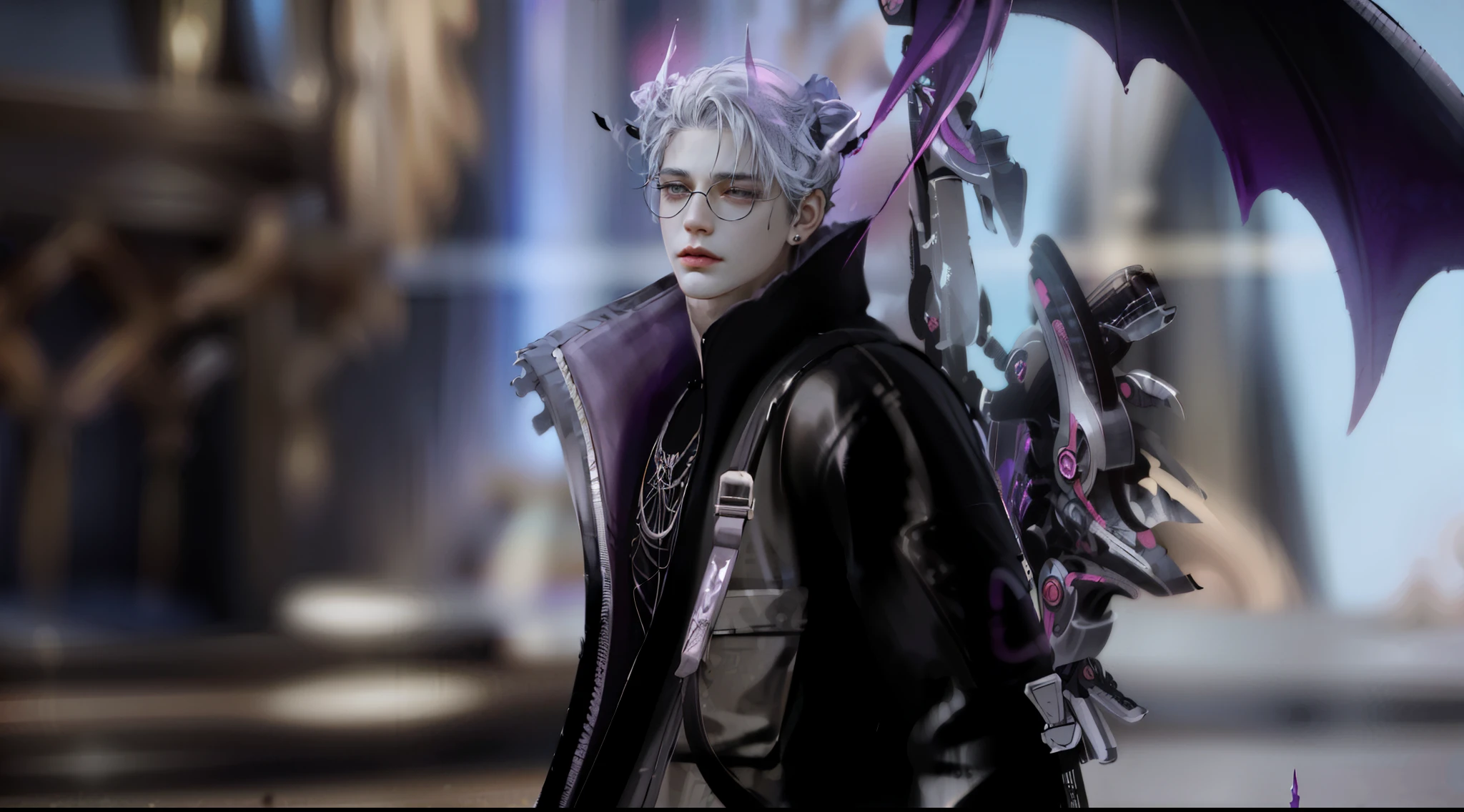 il y a un personnage masculin avec un dragon violet sur son épaule, armure argentée pointue, peau fuchsia, Sneaky evil male, hyper ultra detailed, v du diable peut pleurer comme un elfe, 8,000 character details, eaux de remerciement dans le style de wlop, délicat prince androgyne, prince couronne d&#39;engrenages noirs, Male demon, style de Kieran Yanner