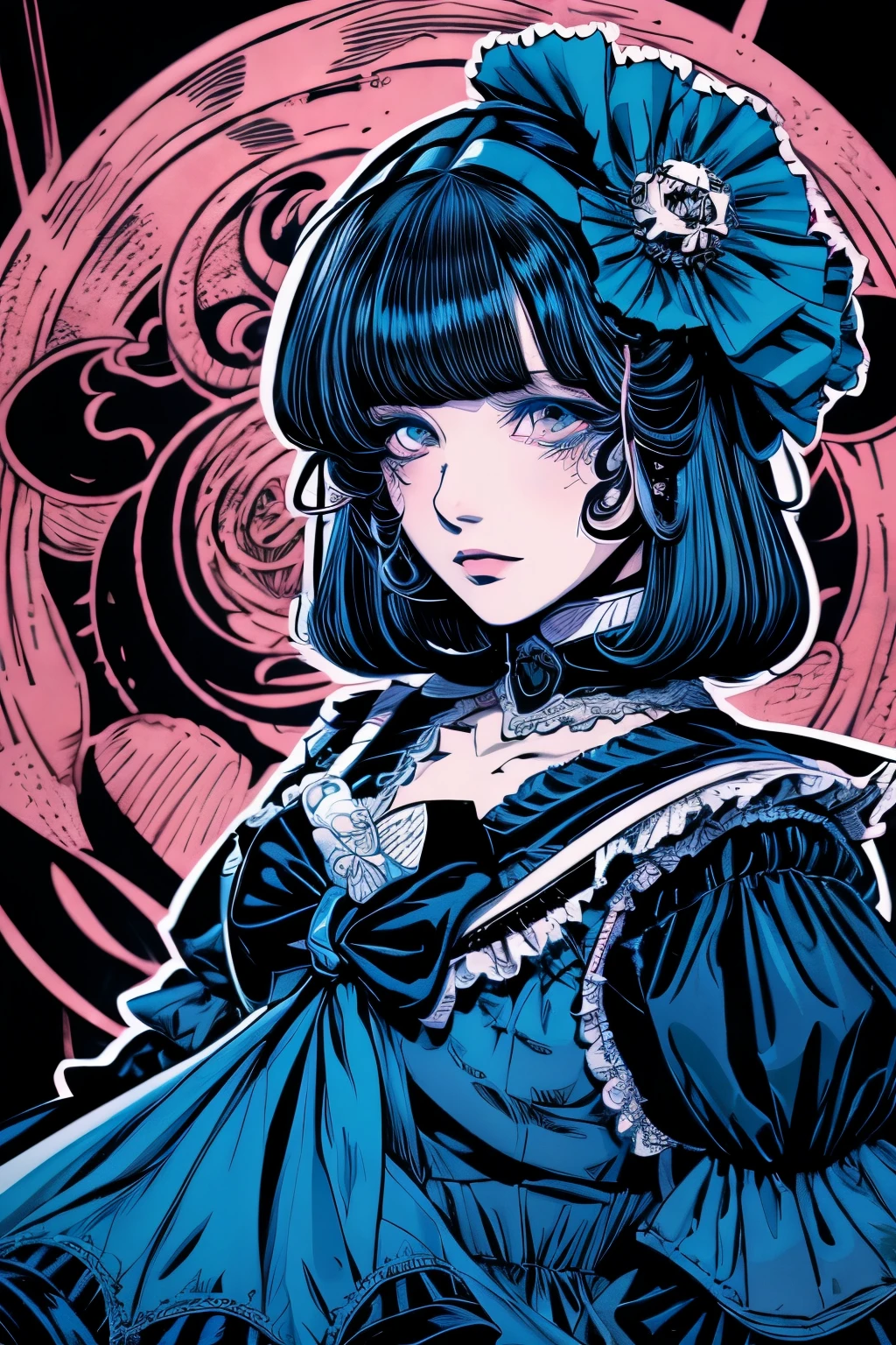 Beautiful Hardcore Illustration homepage illustration style, dark, high resolution, hard touch illustration, strong outline, two girls, gothic & lolita style, gothic & lolita fashion, 8k, American comic style, colorful background, Hiroyuki Nagasaka, aggressive, beautiful face, cool beauty, dress, beauty style, blue color, battle, Hard illustration, blue pink hear,