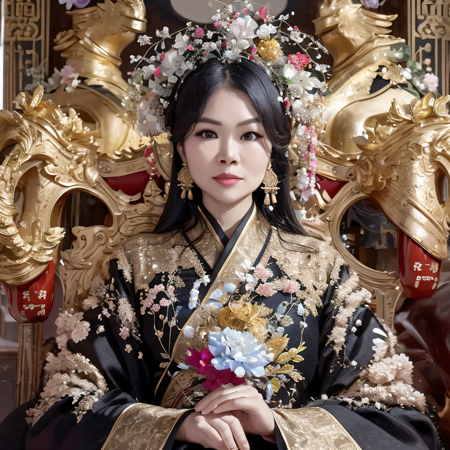 Full body long shot (best quality, 4K, High resolution, masterpiece), Very detailed, actual, Portrait of beautiful royal woman from China, delicate eyes, Noble expression, delicate lips, long eyelashes, [Emperor&#39;s robe], gold and black, dragon embroidery, majestic posture, emperor, Ascending the throne of the Dragon King, Gorgeous, [Jinluan Rock Palace], majestic, royal atmosphere, Decorate the environment, flashing, bright colors
