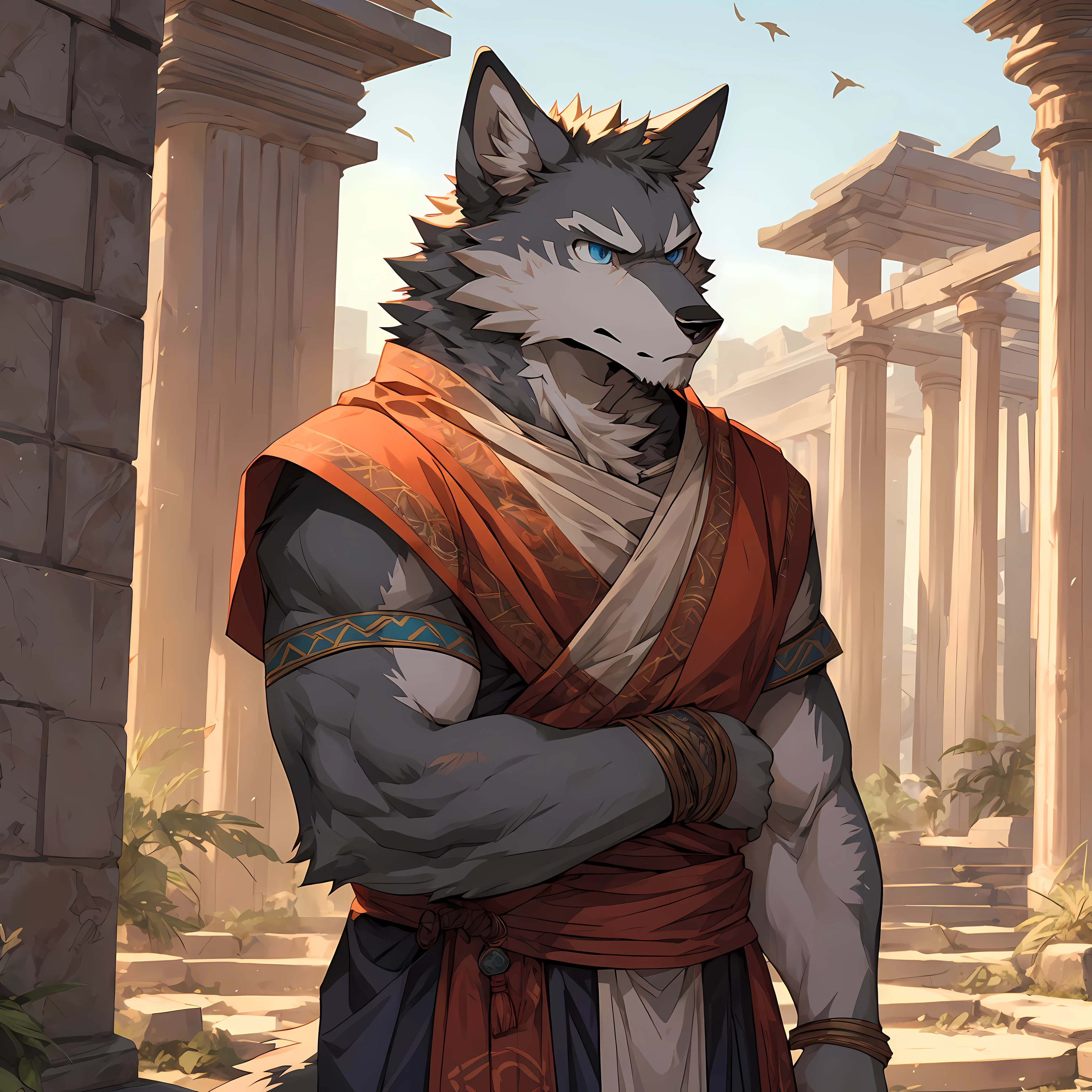 wolf,Alone,Grey fur,The best quality,blue eyes,high resolution,Best quality,Roman Toga,tunic,Guiguan,Augustus,The expression is serious