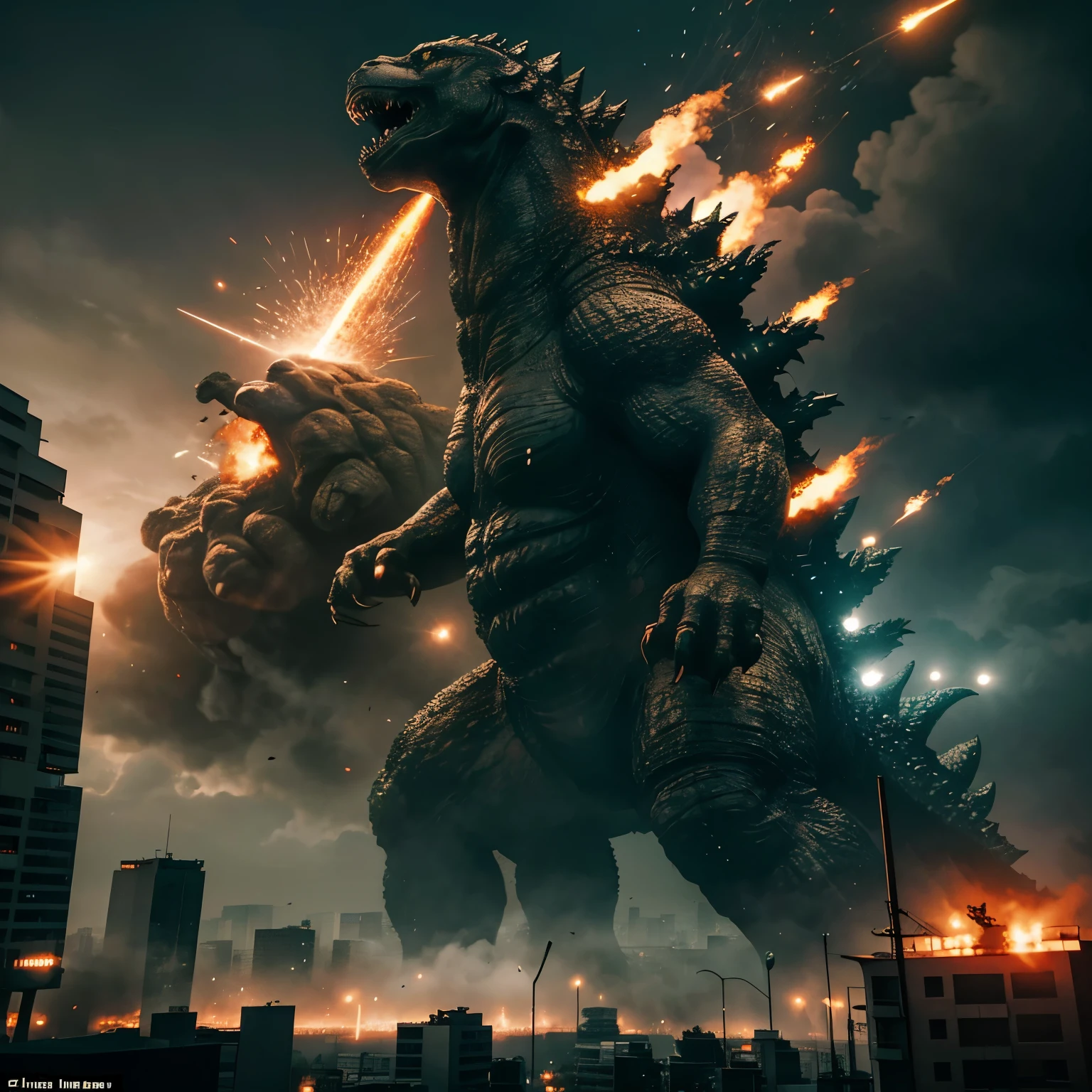 Godzilla, towering over Tokyo Tower, causes chaos as crowds scatter in fear. Buildings tremble and crumble as the Self-Defense Forces scramble to respond. Fighter jets fill the sky, unleashing missiles towards the monstrous creature. Intricate details of destruction and reality come to life through CGI, bringing a cinematic experience in 8k resolution. Low camera angle highlights the immense size of Godzilla, as onlookers witness the devastation from a terrifying proximity.