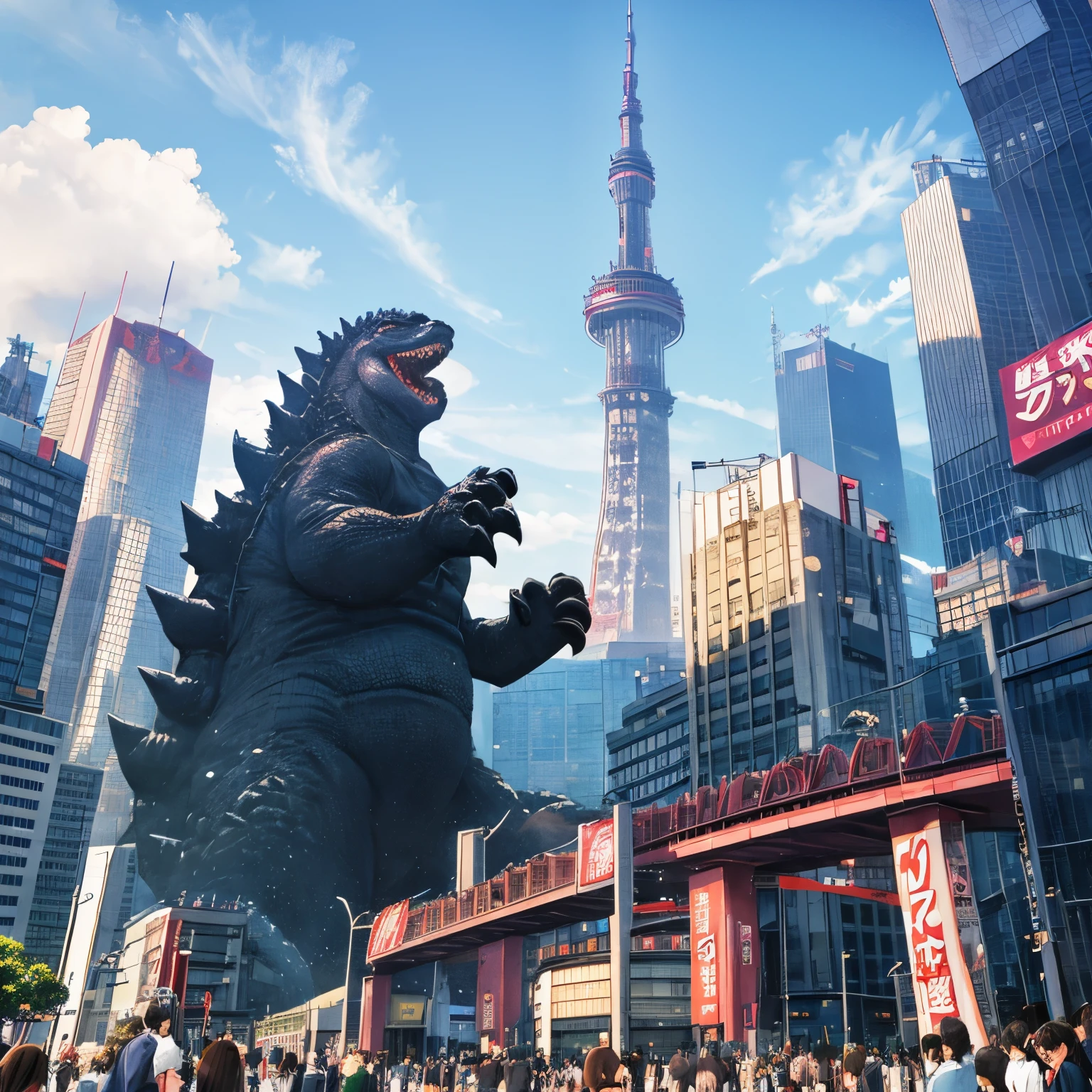 Godzilla, (Tokyo Tower), crowds, buildings, fighter jets, Self-Defense Forces,