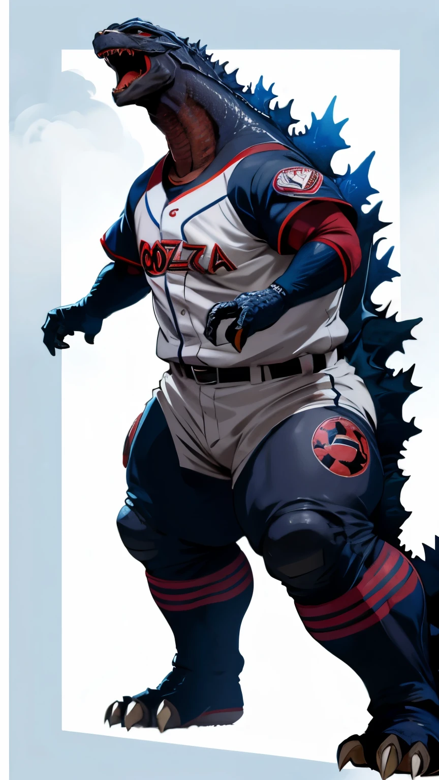 (Godzilla:1.3), (a baseball uniform:1.5), (Godzilla wearing a baseball uniform:1.4)