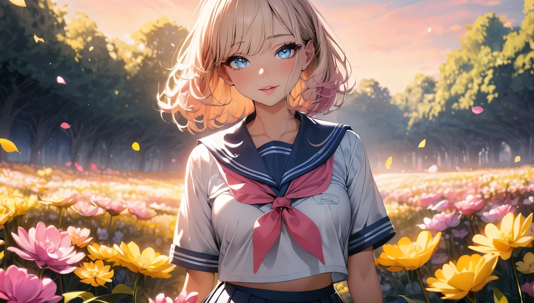 realisticlying,1girl,White hair,Purple eye,glowing light eyes,Cut the top,a skirt,parted lip,Be red in the face,the night,fresh flowers,suns,rays of sunshine,The reveal panties