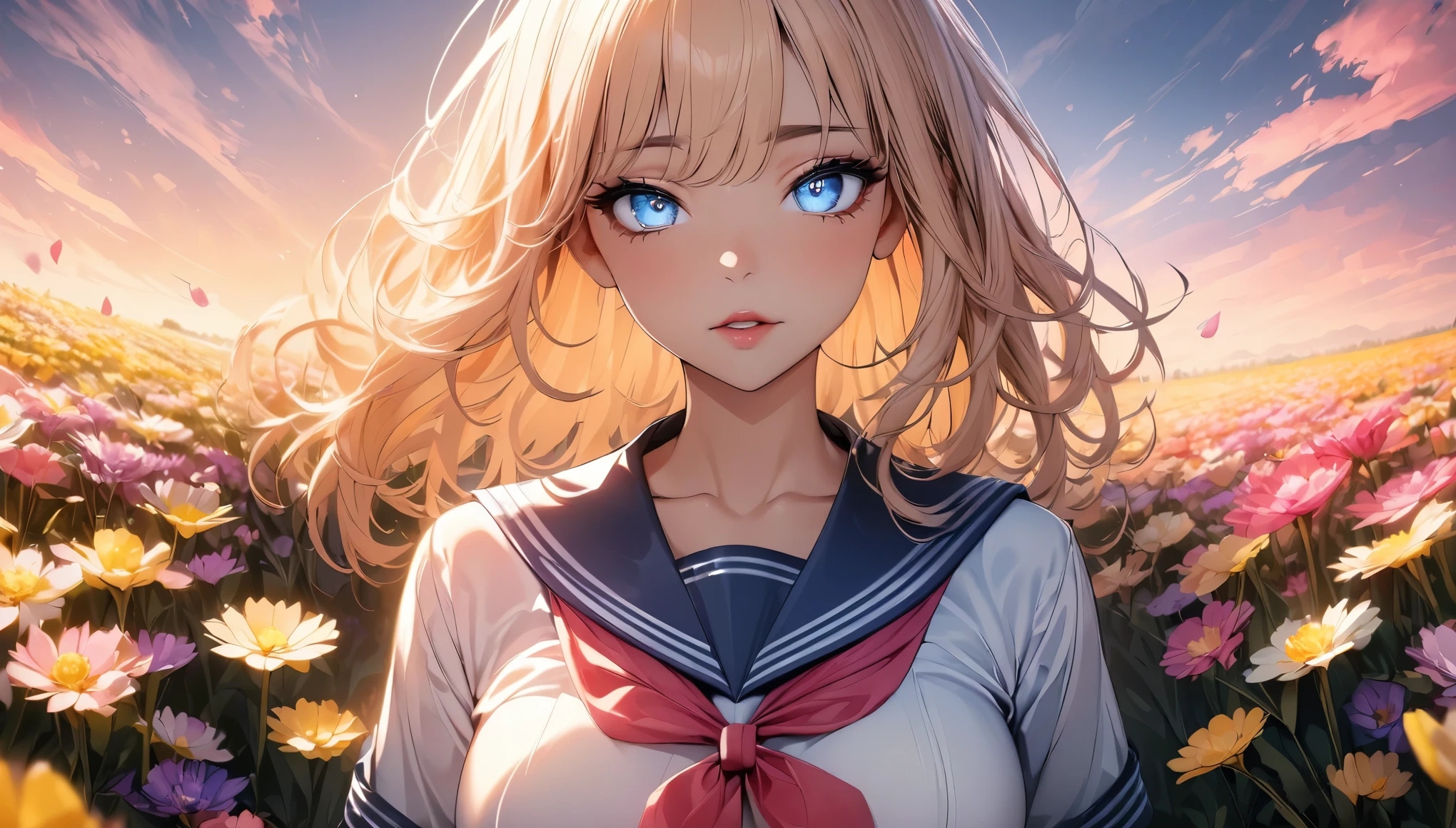 (highest quality, 4k, 8k high resolution, masterpiece:1.2), Super detailed, one person, woman, (JK, , sailor suit, pleated skirt),rape blossom field, one yellow wave, romantic, magic hour, fantastic flower garden, lighted up petals, Contrast between the sky and the flower field, 詩的でromantic, Emphasis on individuality and uniqueness,beautiful detailed eyes, beautiful detailed lips, long eyelashes, Bright colors, soft and warm color palette,