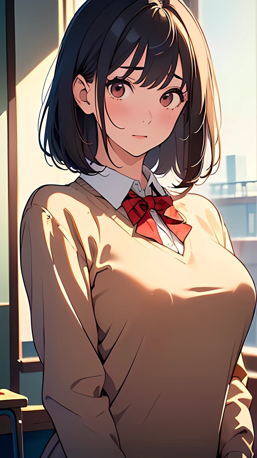 (masterpiece:1.6),(best quality1.6), (ultra high res1.2,(dark hair:1), ( black hair:1),(beautiful Busty breasts:1.2), (beautiful girl:1.4),a girl,(medium bob hair:1.2),a mole around the mouth, aroused, embarrassed, (beige V Neck Sweater:1),(school uniform1.1),a red Checked bow tie, (upper body shot:1.3),side shot