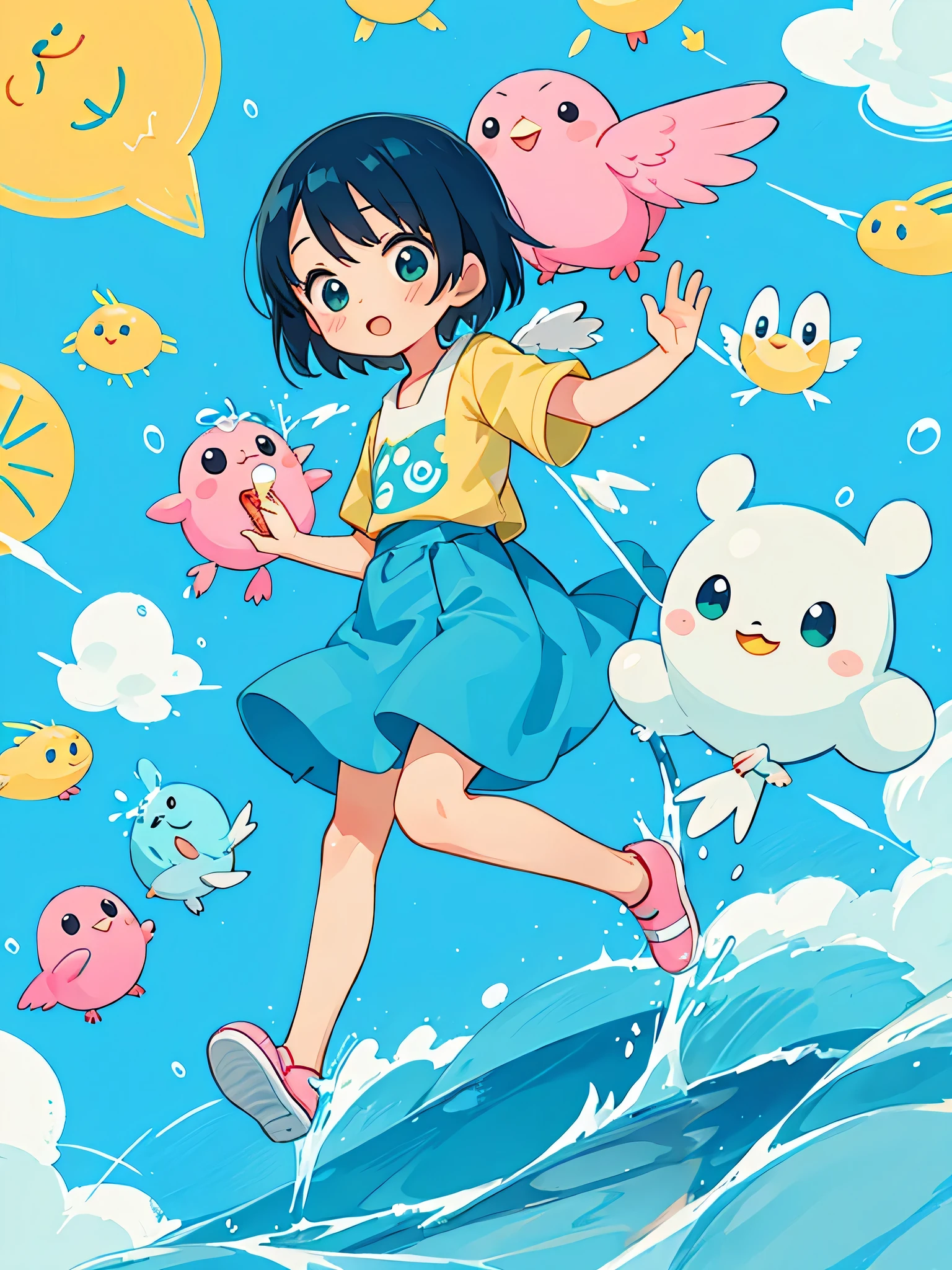 Fujio Akatsuka Style, Kawaii Design, most beautiful girl ever、Chibi, birdie、(((Save water with hands)))