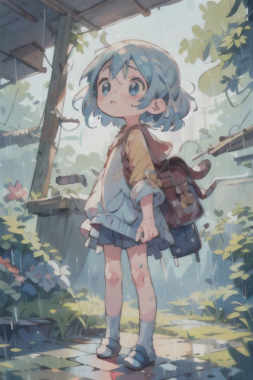 #quality(masterpiece, best quality,8k),(colorless),solo, #1 girl( cute, kawaii,small kid,solo,light blue hair, blue eyes,big eyes,confused fase,in the slum,poor,dirty,damaged clothes),#background(hevy rain,smog,outside)