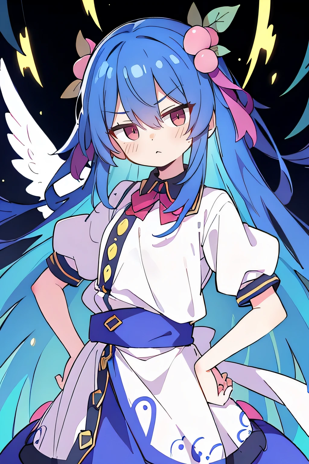 (masterpiece),best quality, expressive eyes, perfect face, 1girl,
 Put your hands on your waist,fair, Gorgeous,Japanese cartoons,girl,lola,Hina Angel, blue hair, blue haired, floating clothes,Grab your waist, Grab your waist, hands on hips , hands on hips,flat chest