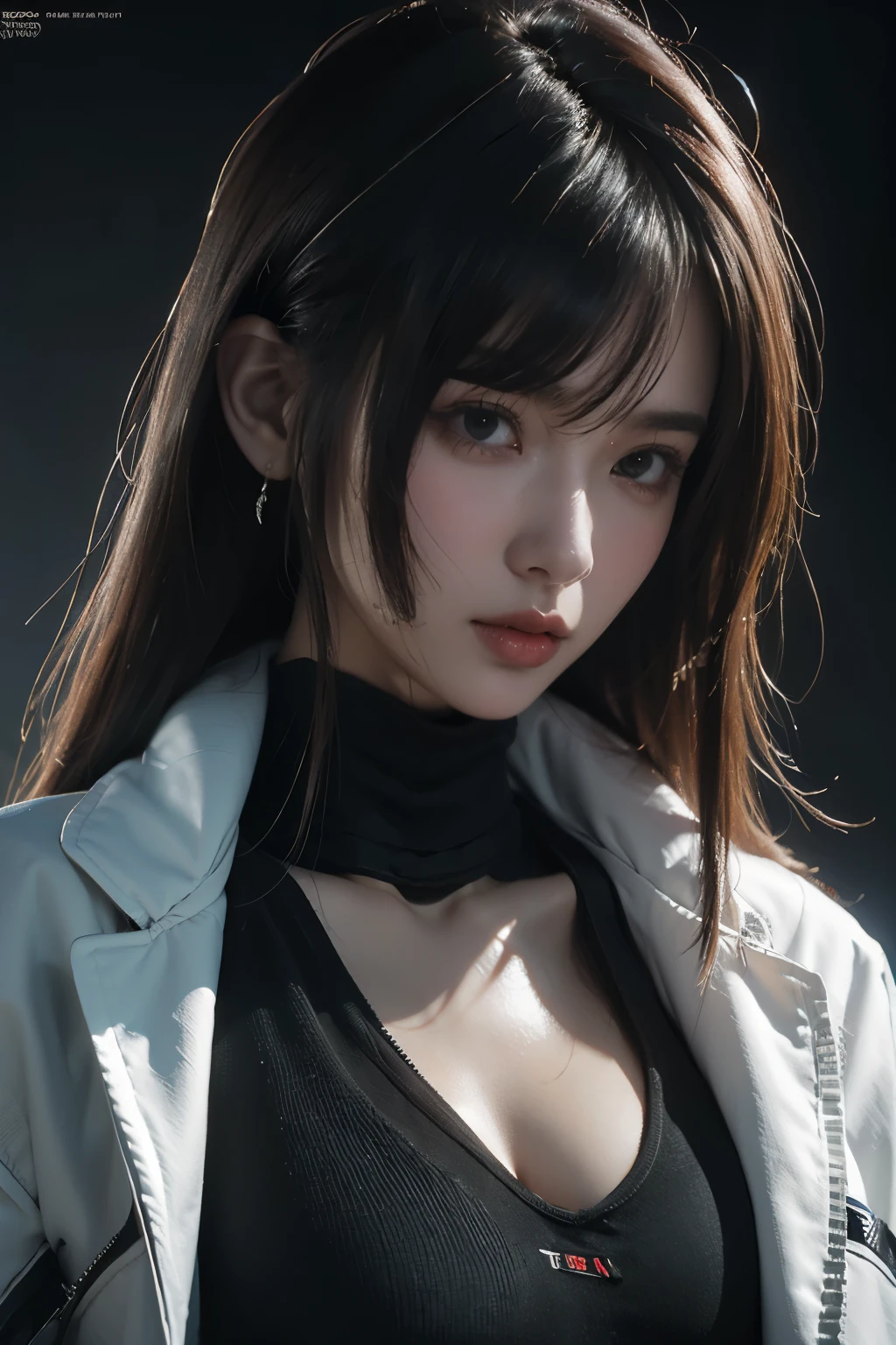 tmasterpiece,Best quality,A high resolution,8K,(Portrait),((Head close-up)),real photograph,digital photography,(Female scientists in sci-fi style),20 year old girl,Random hairstyles,By bangs,(Random Color Eyes),(Random-colored hair),A plump chest,cleavage,Elegant and noble,Serious and indifferent,Open white coat,Black tube top bra,rich details,Keep your mouth shut,Intricate ornaments,Cyberpunk futuristic style,(Female scholars),white backgrounid,oc render reflection texture