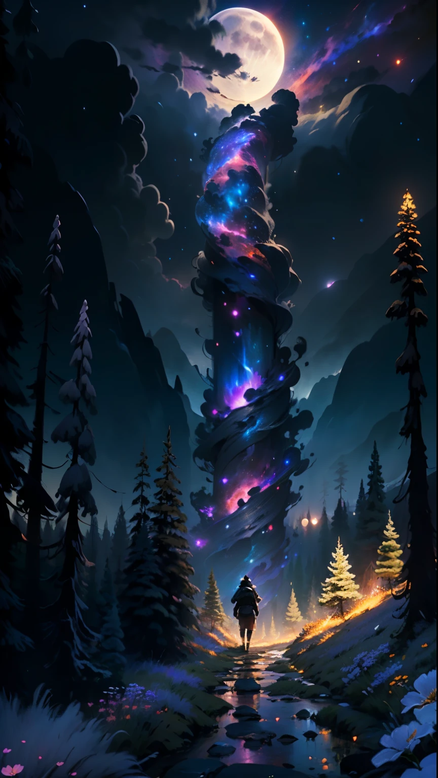 wide々landscape photography, (A view from below of the sky and the wilderness below), standing in a flower field and looking up, (full moon: 1.2), (shooting star: 0.9), (nebula: 1.3), distant mountain, tree break production art, (warm light source: 1.2), (fire Fly: 1.2), lamp, purple and orange, intricate details, Volume lighting BREAK (masterpiece: 1.2), (highest quality ), 4k, Super detailed, (moving composition: 1.4), Highly detailed and colorful details (iridescent: 1.2), (shining lighting, atmosphere lighting), dream-like, Magic, (alone: 1.2)