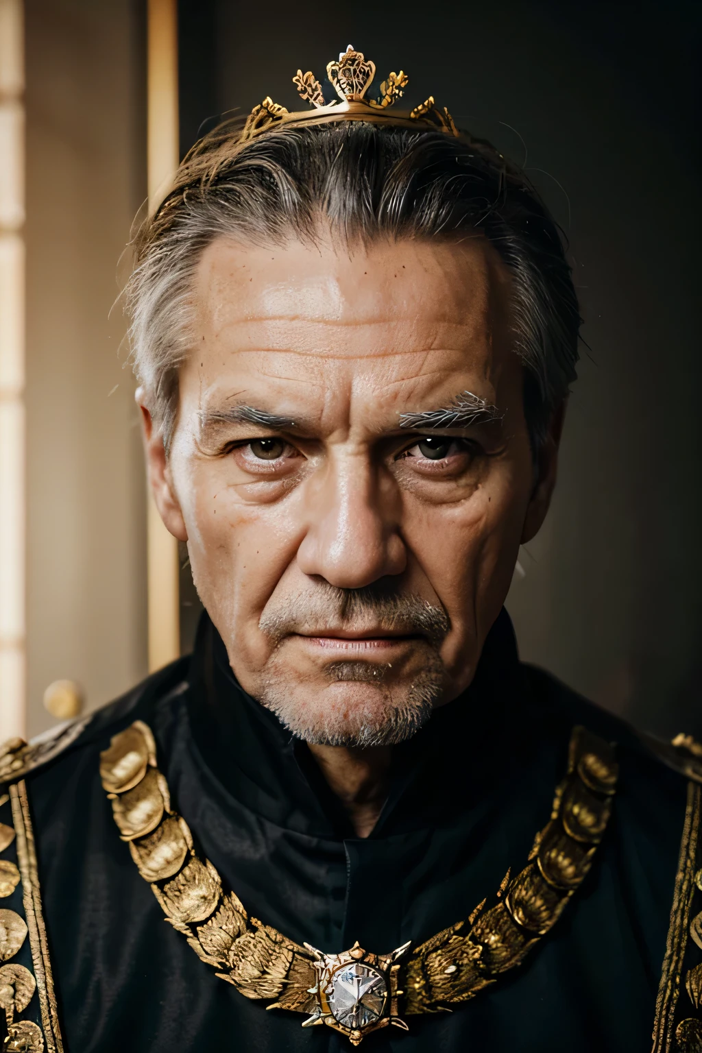 king，Europe，Caucasian，elderly men，fierce，Facing the camera，Positive face，sharp eyes，wearing crown，big crown，Luxurious，crown，Mug shot，hyper-realistic，photography，4K
