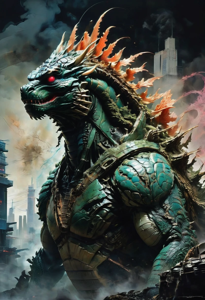 Godzilla, by Jeff Easley, best quality, masterpiece, very aesthetic, perfect composition, intricate details, ultra-detailed