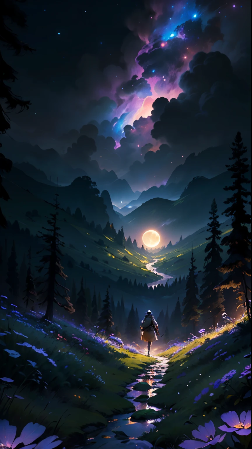 wide々landscape photography, (A view from below of the sky and the wilderness below), standing in a flower field and looking up, (full moon: 1.2), (shooting star: 0.9), (nebula: 1.3), distant mountain, tree break production art, (warm light source: 1.2), (fire Fly: 1.2), lamp, purple and orange, intricate details, Volume lighting BREAK (masterpiece: 1.2), (highest quality ), 4k, Super detailed, (moving composition: 1.4), Highly detailed and colorful details (iridescent: 1.2), (shining lighting, atmosphere lighting), dream-like, Magic, (alone: 1.2)