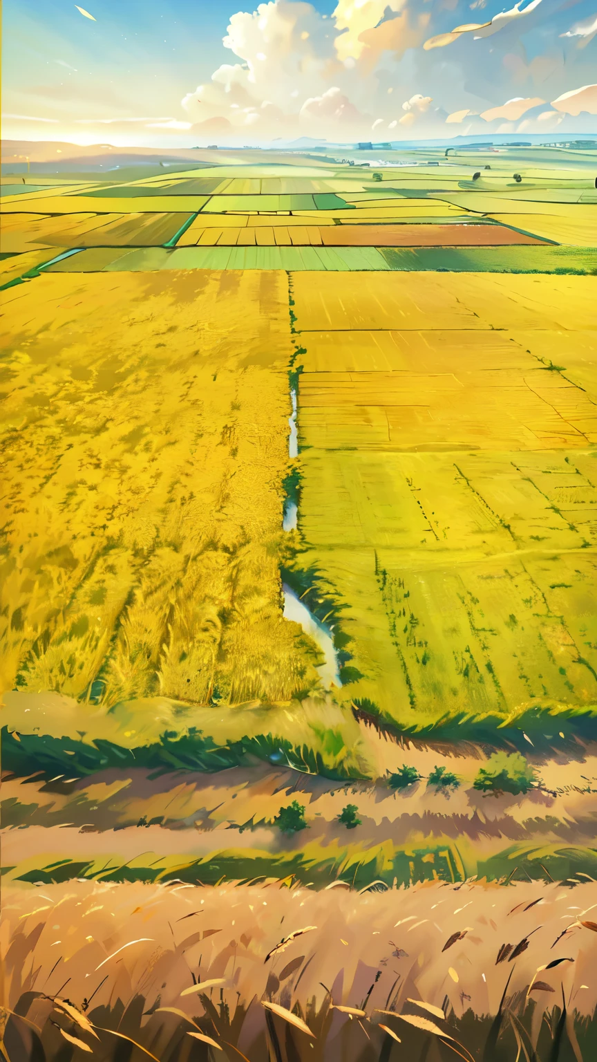 A painting of a field with a pond and meadow, field blur, Color gamut. 8K, farm field background, roads among field, stubble, in field high resolution, field background, farmland, empty wheat field, immense wheat field, wheat field, field, Neat rows of crops, Digital oil painting on canvas, Draw in high resolution