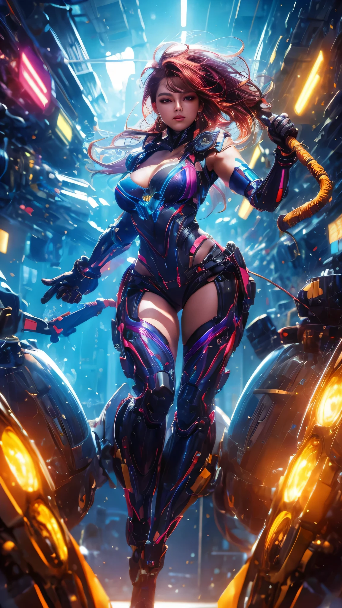 Ultra-high resolution, Masterpiece, 8K, (Photorealistic: 1.1), Raw photo, Best quality, Sharp focus on the breasts, Tang suit, see-through Hanfu, free-flowing surrealist style, and colorful robot technology Image of a woman wearing, shiny/glossy, accurate and realistic, hard surface modeling, precise lines, bright gold and azure, engineering/construction and design, luminous headphones, luminous hair accessories, long hair, luminous earrings , luminous necklace, cyberpunk, transparent clothes, rainbow colors, beautiful face, detailed face, perfect proportions, huge breasts, thin waist, navel, crotch gap, thighs, laboratory, machine, control panel, wiring cord, lots LED, Colorful LED, (Dynamic pose:1.25), (Depth field: 1.3), (((Bokeh))), Ambient lighting, Front light, (Face lighting: 1.5),