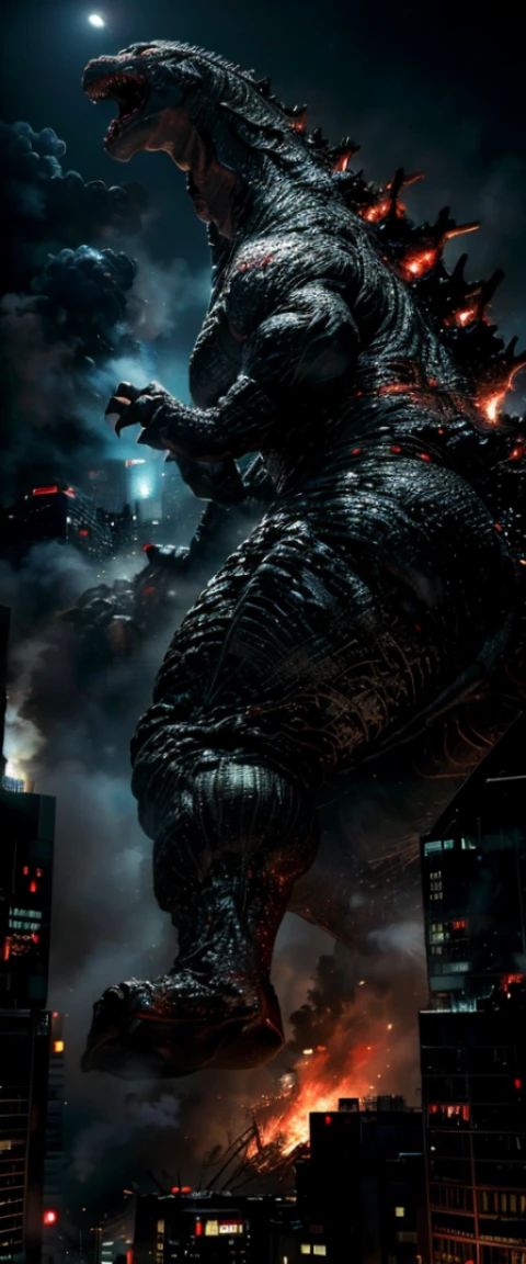 ((masterpiece, highest quality, Highest image quality, High resolution, photorealistic, Raw photo, 8K)), Godzilla, Godzilla attacks Tokyo at night, stomping buildings and shooting lasers from its mouth, distant view of the city at night, fires everywhere, (seen from above:1.2),