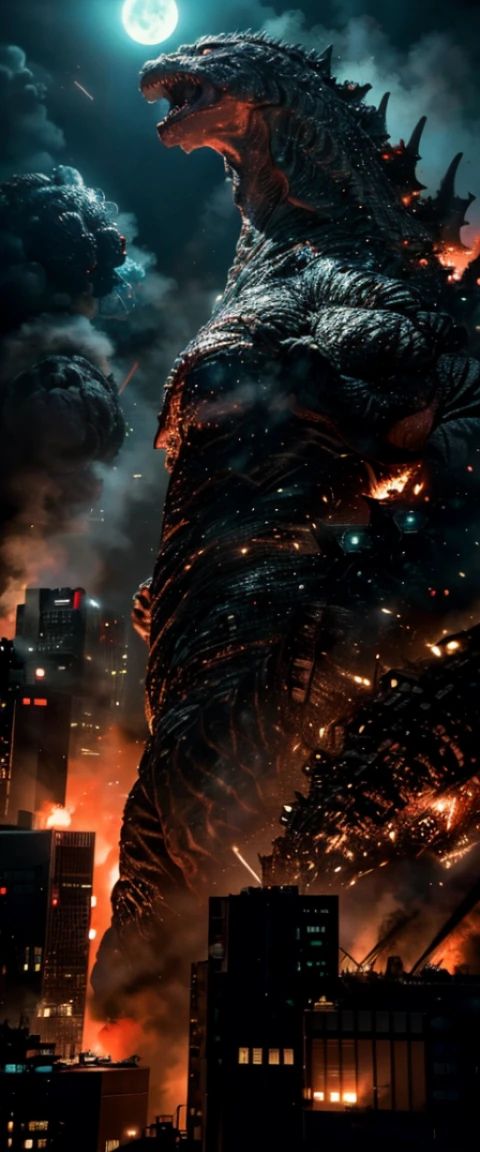 ((masterpiece, highest quality, Highest image quality, High resolution, photorealistic, Raw photo, 8K)), Godzilla, Godzilla attacks Tokyo at night, stomping buildings and shooting lasers from its mouth, distant view of the city at night, fires everywhere, (seen from above:1.2),