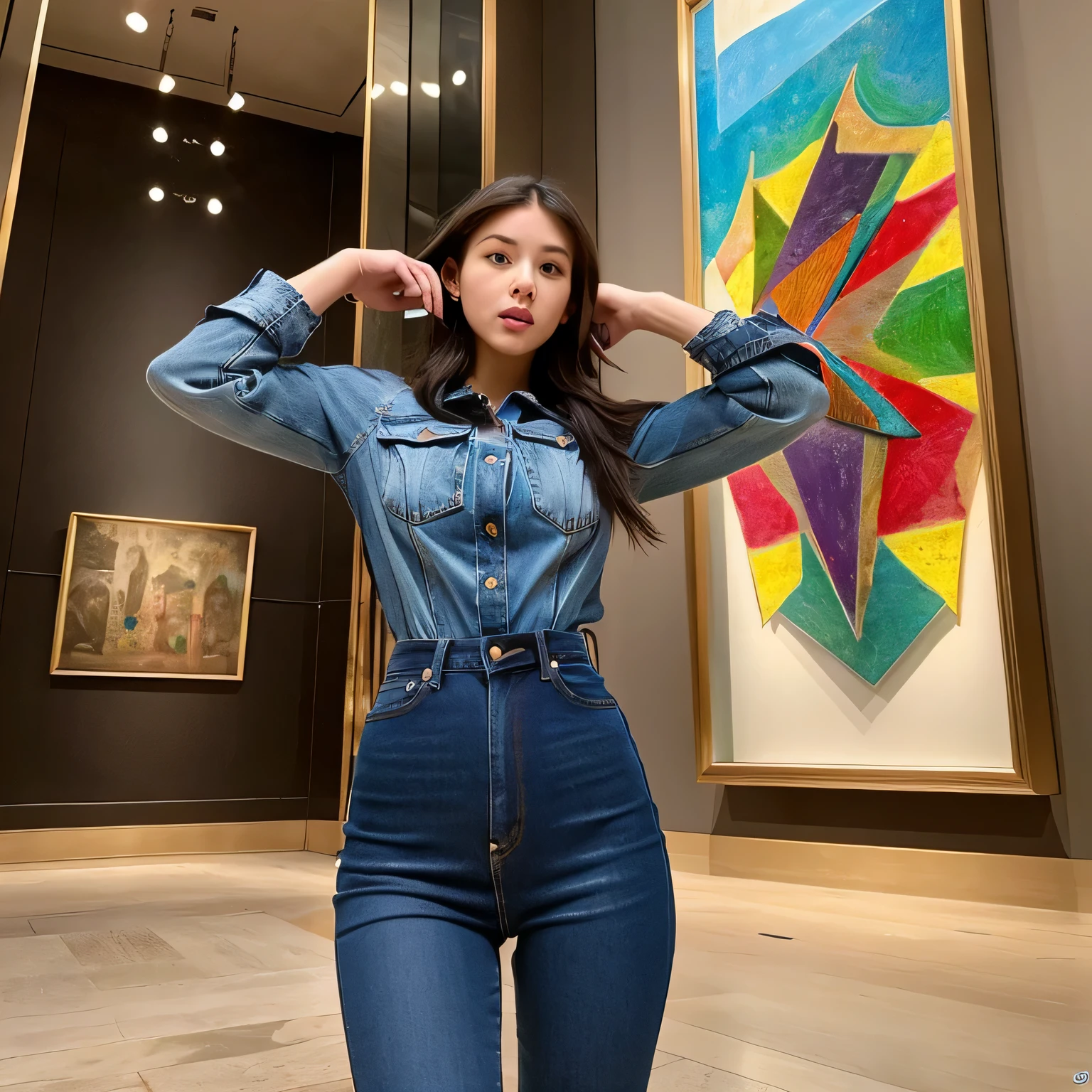 Some girls wearing tight jeans saying in art museum, "What's this ugly object?" "This is a piece of abstract art!"