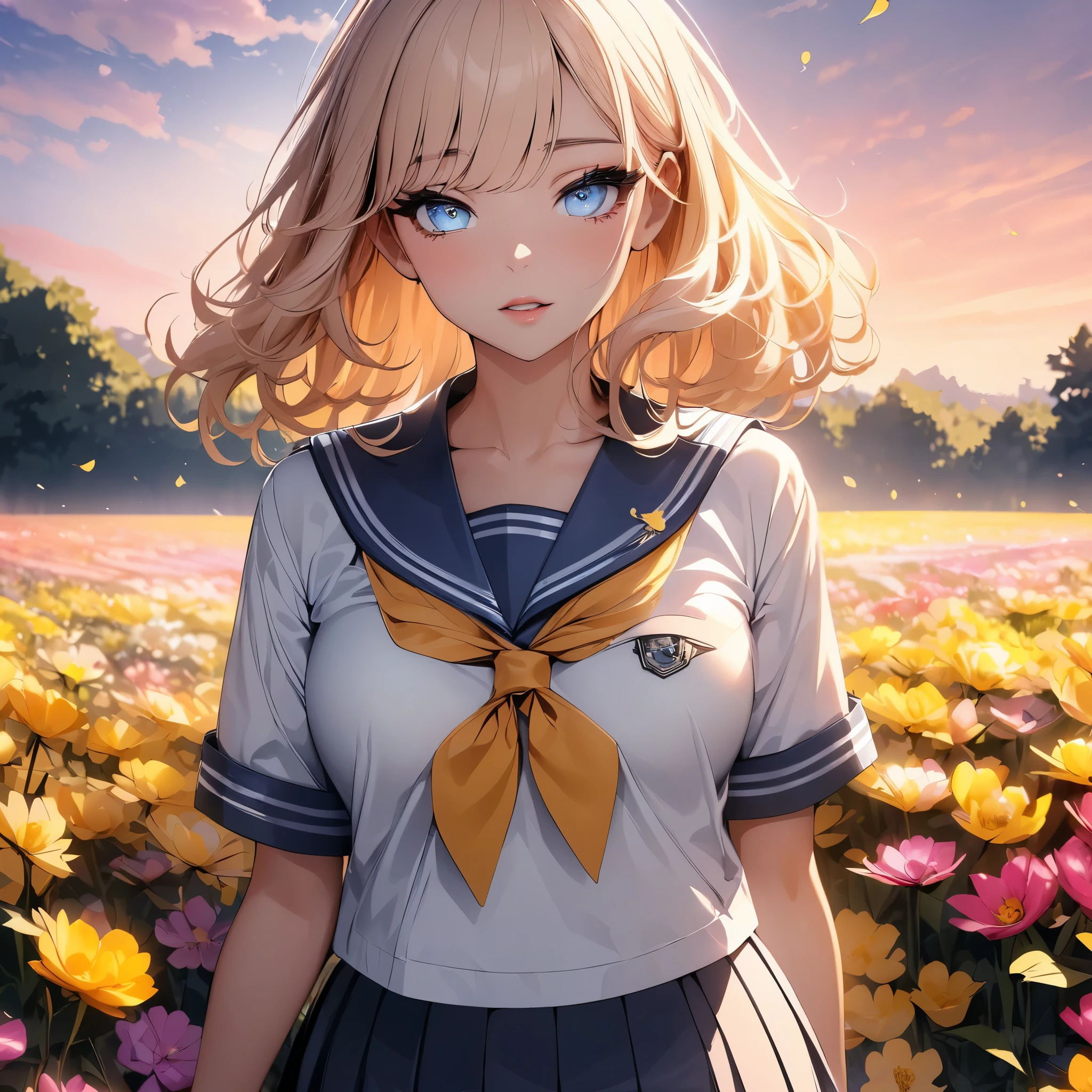 (highest quality, 4k, 8K high resolution, masterpiece:1.2), Super detailed, one person, woman, (JK, , sailor suit, pleated skirt),rape blossom field, one yellow wave, romantic, magic hour, fantastic flower garden, lighted up petals, Contrast between the sky and the flower field, 詩的でromantic, Emphasis on individuality and uniqueness,beautiful detailed eyes, beautiful detailed lips, long eyelashes, Bright colors, soft and warm color palette,