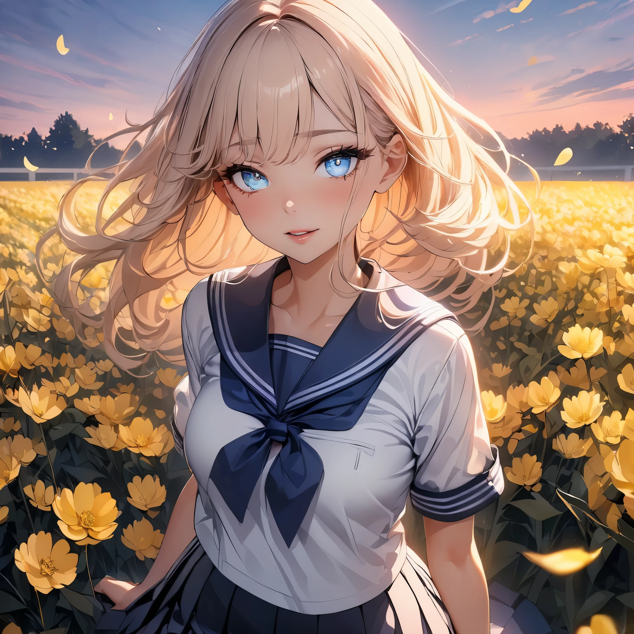 (highest quality, 4k, 8K high resolution, masterpiece:1.2), Super detailed, one person, woman, (JK, , sailor suit, pleated skirt),rape blossom field, one yellow wave, romantic, magic hour, fantastic flower garden, lighted up petals, Contrast between the sky and the flower field, 詩的でromantic, Emphasis on individuality and uniqueness,beautiful detailed eyes, beautiful detailed lips, long eyelashes, Bright colors, soft and warm color palette,