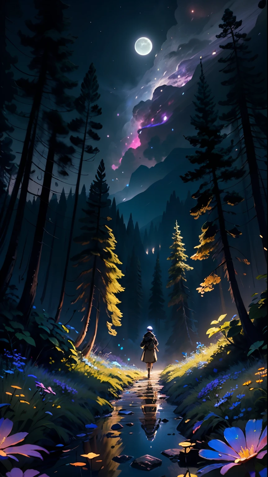 wide々landscape photography, (A view from below of the sky and the wilderness below), standing in a flower field and looking up, (full moon: 1.2), (shooting star: 0.9), (nebula: 1.3), distant mountain, tree break production art, (warm light source: 1.2), (fire Fly: 1.2), lamp, purple and orange, intricate details, Volume lighting BREAK (masterpiece: 1.2), (highest quality ), 4k, Super detailed, (moving composition: 1.4), Highly detailed and colorful details (iridescent: 1.2), (shining lighting, atmosphere lighting), dream-like, Magic, (alone: 1.2)