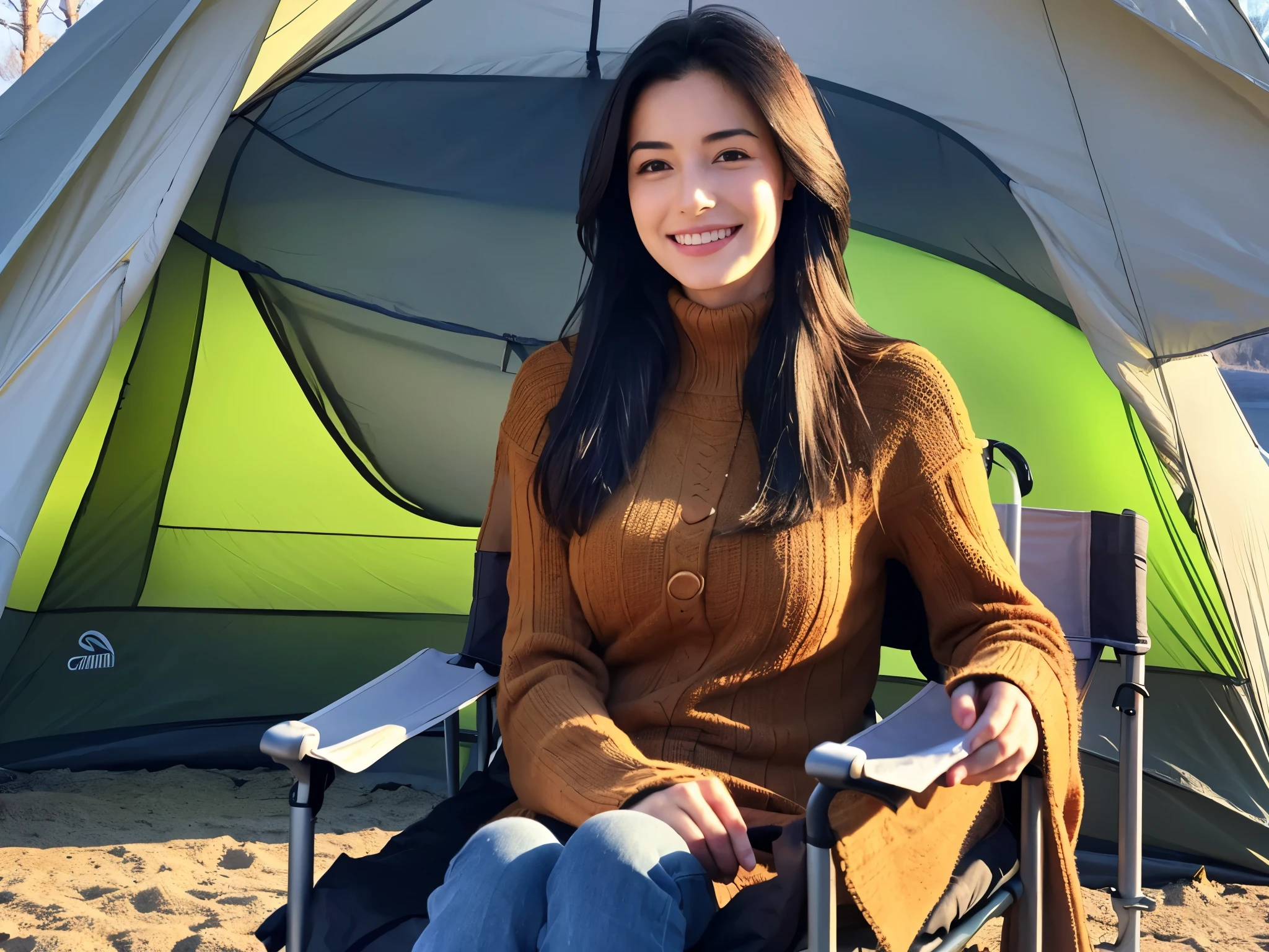 A beautiful lady with a well-proportioned face
beautiful long straight hair
(black hair)
side tied hairstyle
calm and calm smile
G cup breasts
camping alone
(sitting in a camp chair)
daytime campsite
waterside tent
winter camping clothes
After cooking an outdoor meal
relaxing in a camp chair
autumn campsite