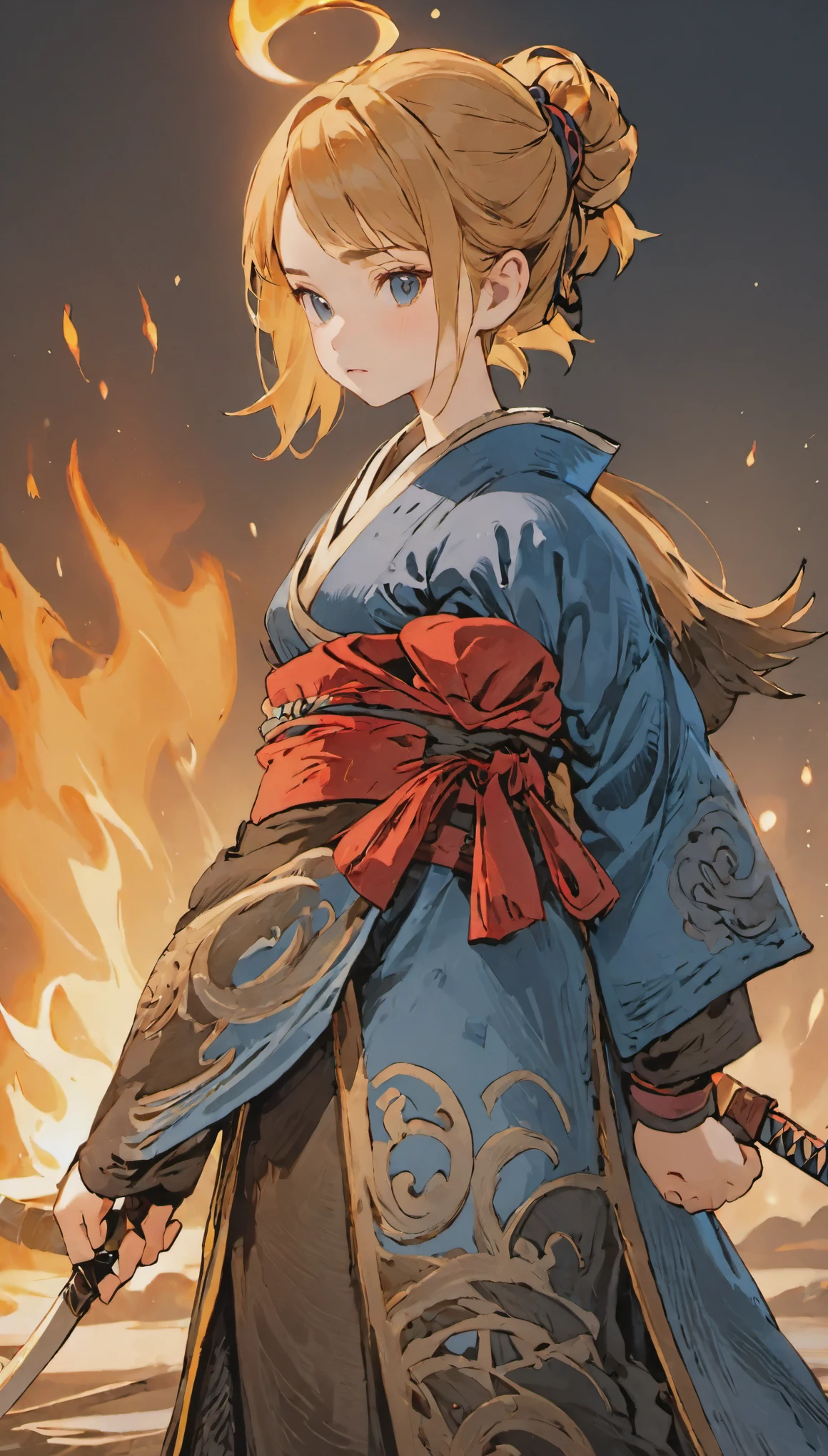female adventurer, full body, Game Art Style, (masterpiece), highest quality, High resolution, 4k, 8K, Detail view, intricate details, cinematic lighting, amazing quality, 1 girl, Samurai Woman,Otachi、 great shading, soft lighting, Face-to-face camera, perfect eyes、Burning background、dim lighting、dark、Flame Light