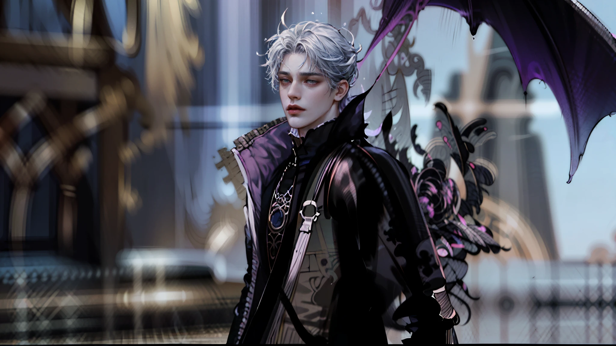 il y a un personnage masculin avec un dragon violet sur son épaule, armure argentée pointue, peau fuchsia, Sneaky evil male, hyper ultra detailed, v du diable peut pleurer comme un elfe, 8,000 character details, eaux de remerciement dans le style de wlop, délicat prince androgyne, prince couronne d'engrenages noirs, Male demon, style de Kieran Yanner, il nous regarde