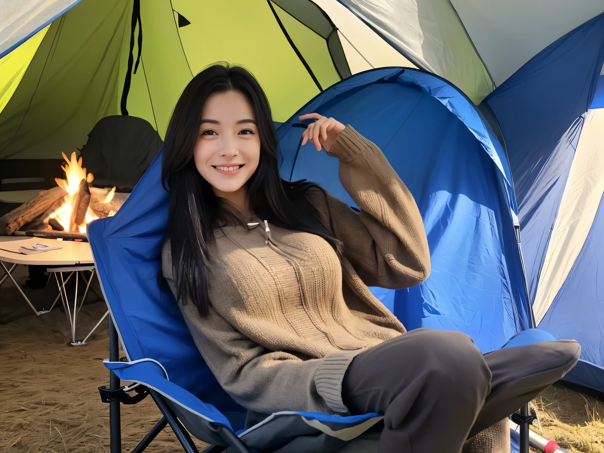 A beautiful lady with a well-proportioned face 

beautiful long straight hair 

(black hair) 

side tied hairstyle 

calm and calm smile 

G cup breasts 

camping alone 

(sitting in a camp chair) 

daytime campsite 

waterside tent 

winter camping clothes 

After cooking an outdoor meal 

relaxing in a camp chair 

autumn campsite 
